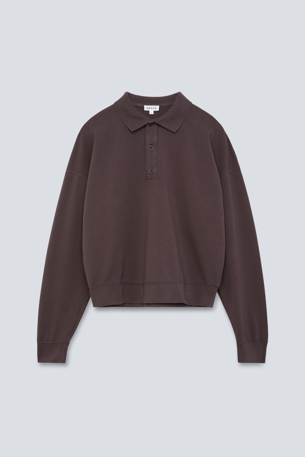 The Remi in Plum. Polo long sleeve with a boxy shape. Made from 100% organic cotton babyfleece. Front view.