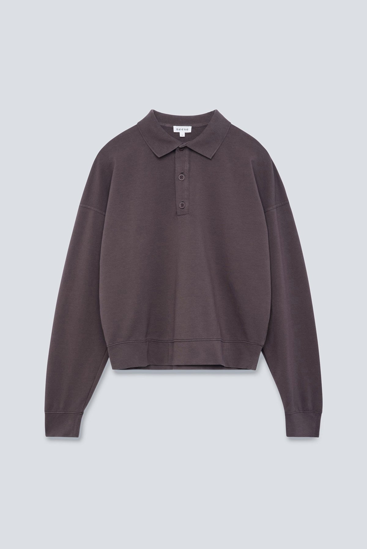 The Remi in Plum. Polo long sleeve with a boxy shape. Made from 100% organic cotton babyfleece. Front view.