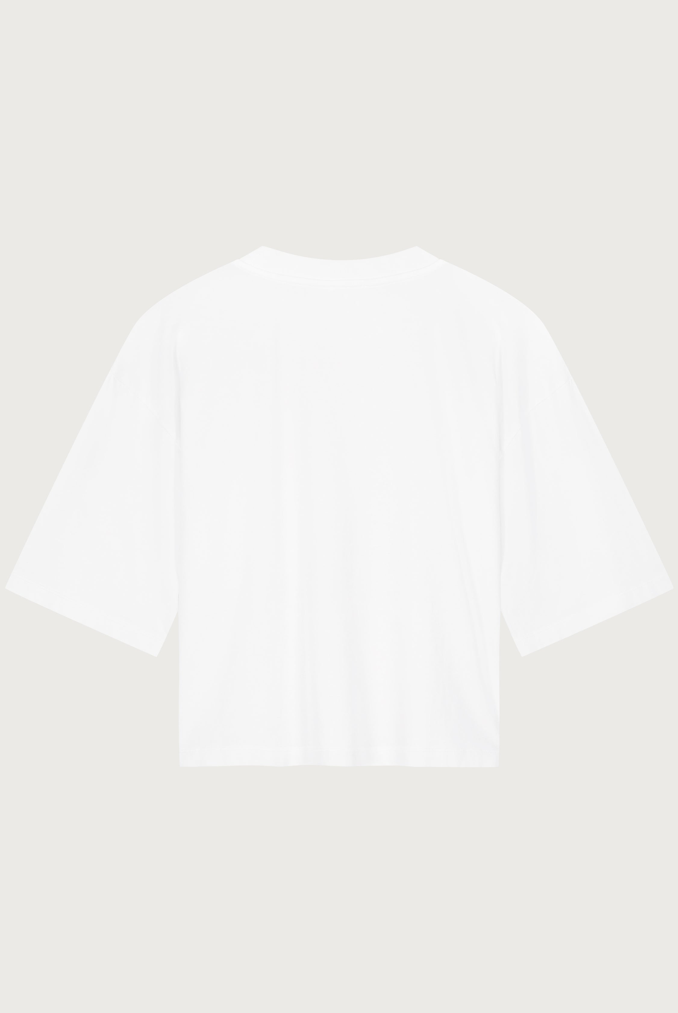 The Tess boxy tee crispy white back view, pocket detail, made in Portugal