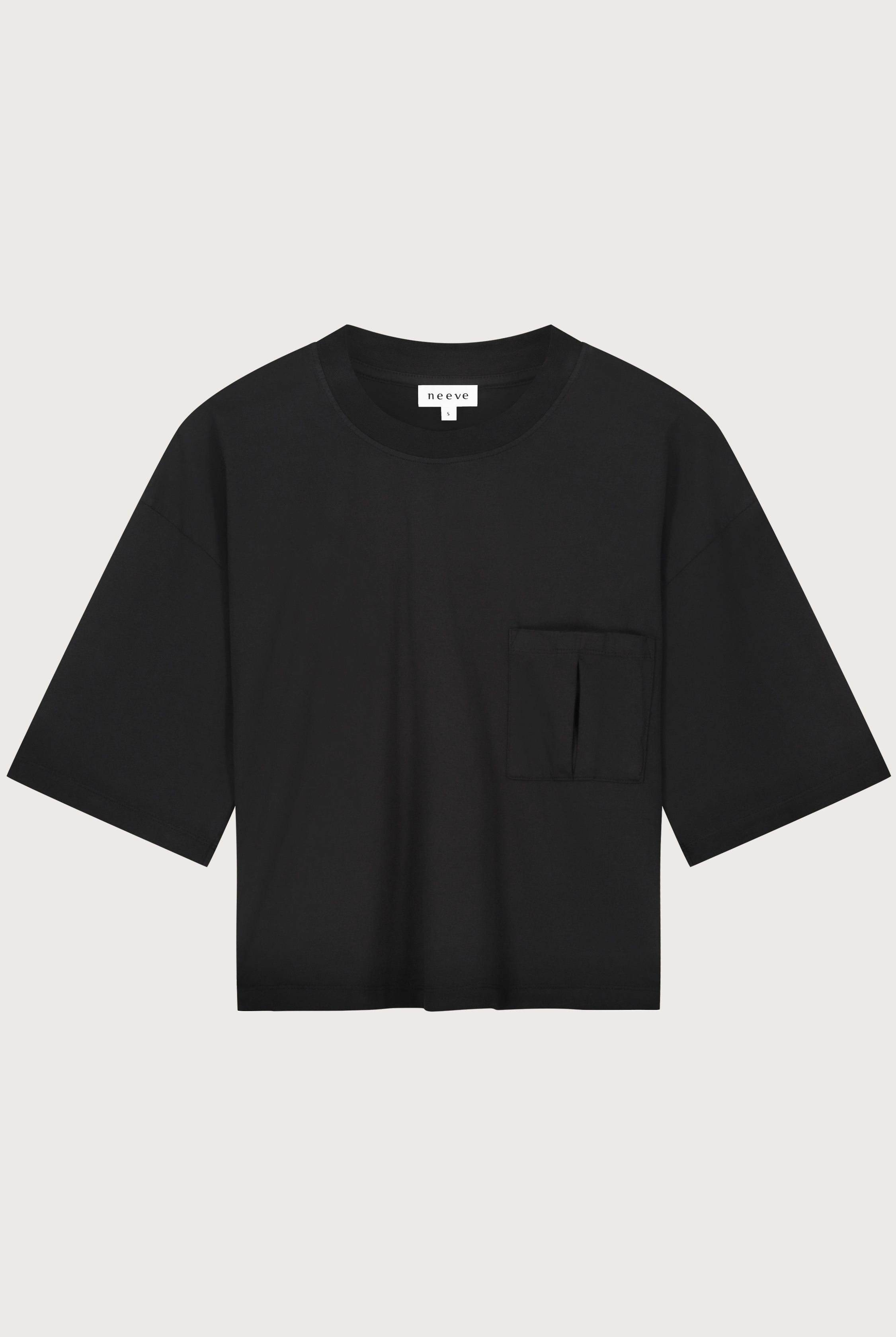 The Tess dropped shoulder tee in essential black front view, 180g organic cotton made in Portugal