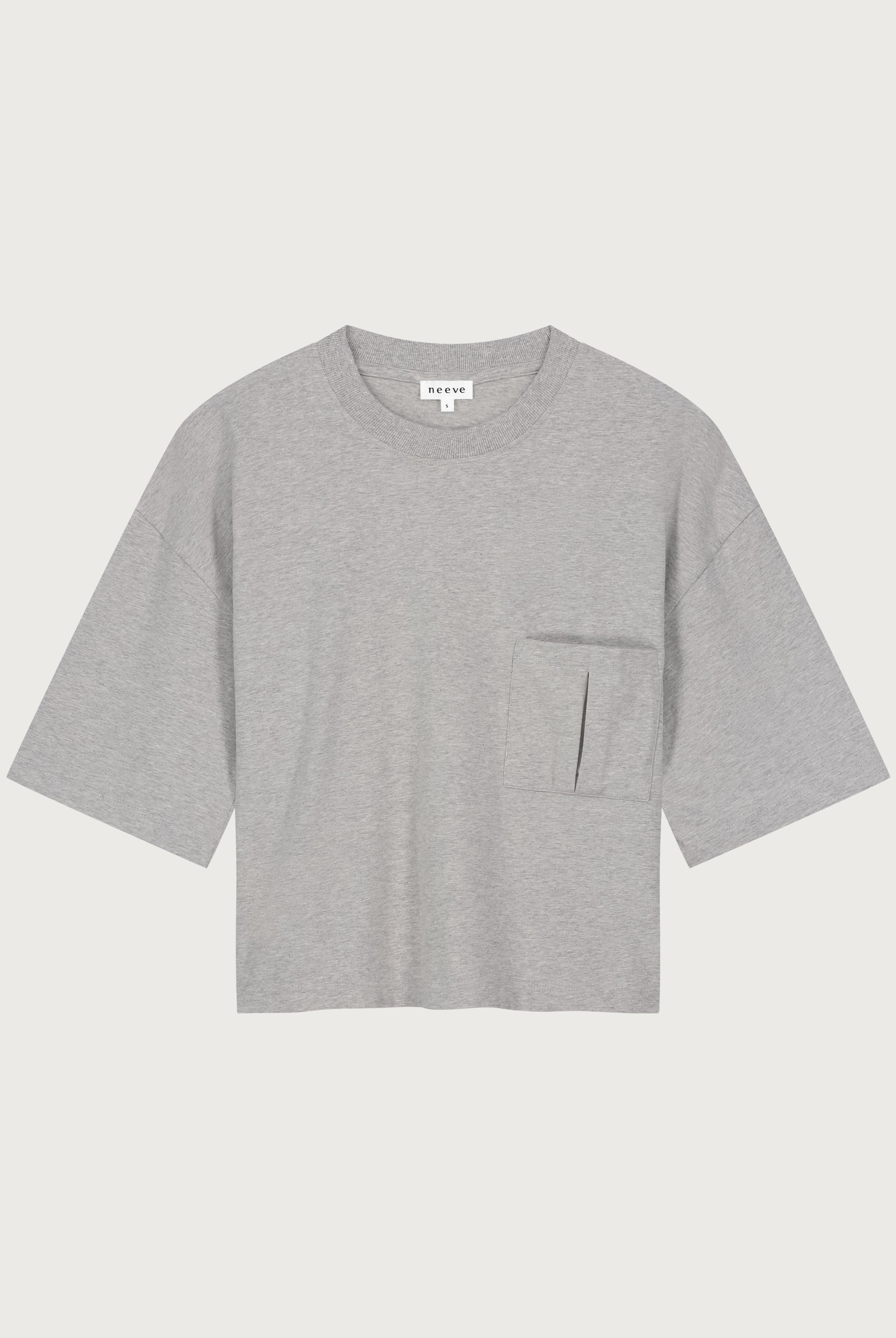 The Tess dropped shoulder tee in grey melange front view, pocket, 180g organic cotton