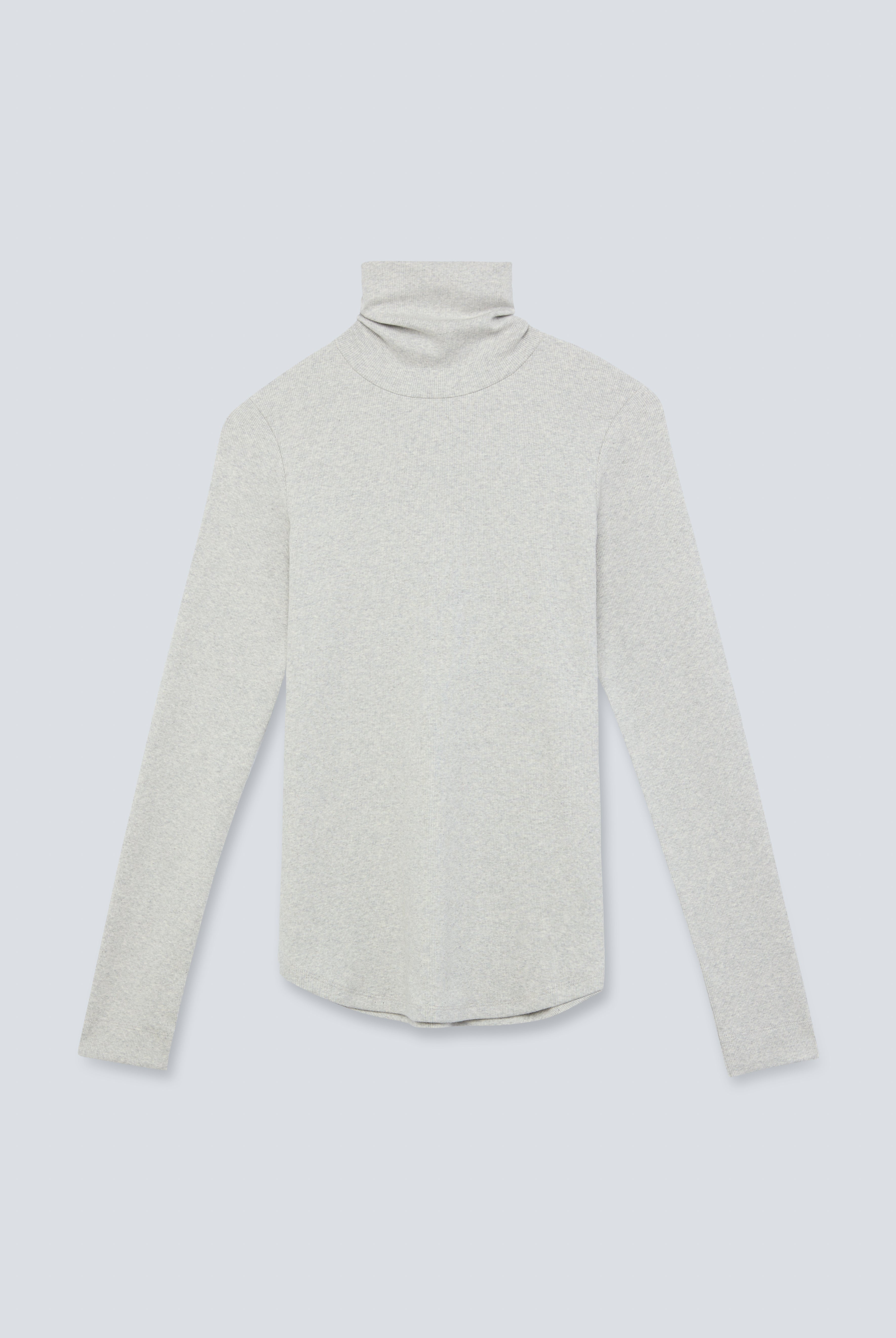 The Theresa in Grey Melange. Ribbed Turtleneck. 95% organic cotton with 5% elastane. GOTS. Front view.