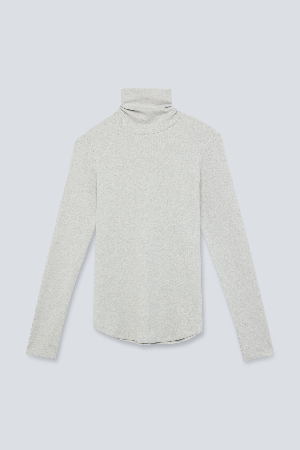 The Theresa in Grey Melange. Ribbed turtleneck. 95% organic cotton with 5% elastane. Front view.