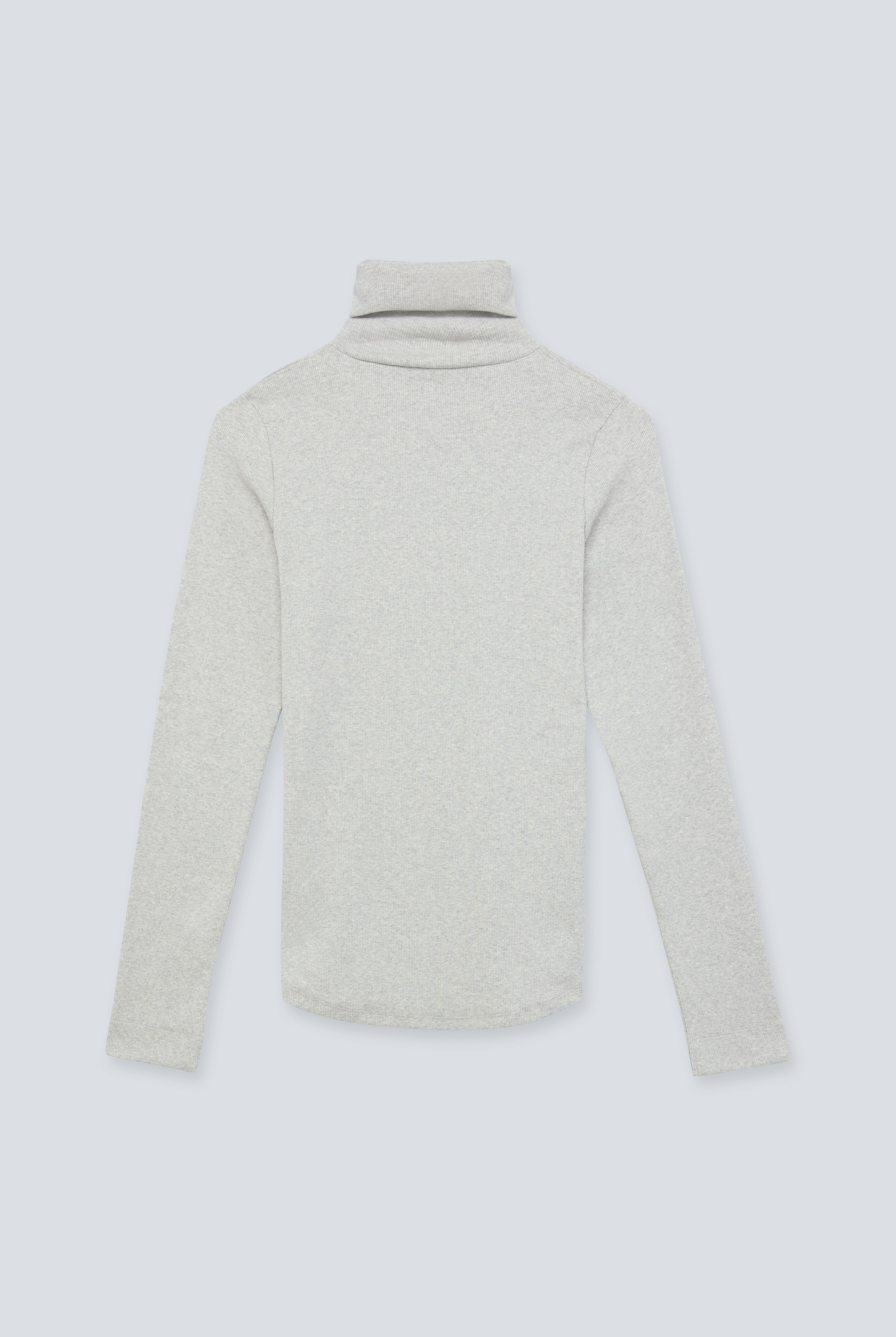 The Theresa in Grey Melange. Ribbed Turtleneck. 95% organic cotton with 5% elastane. GOTS. Back view.