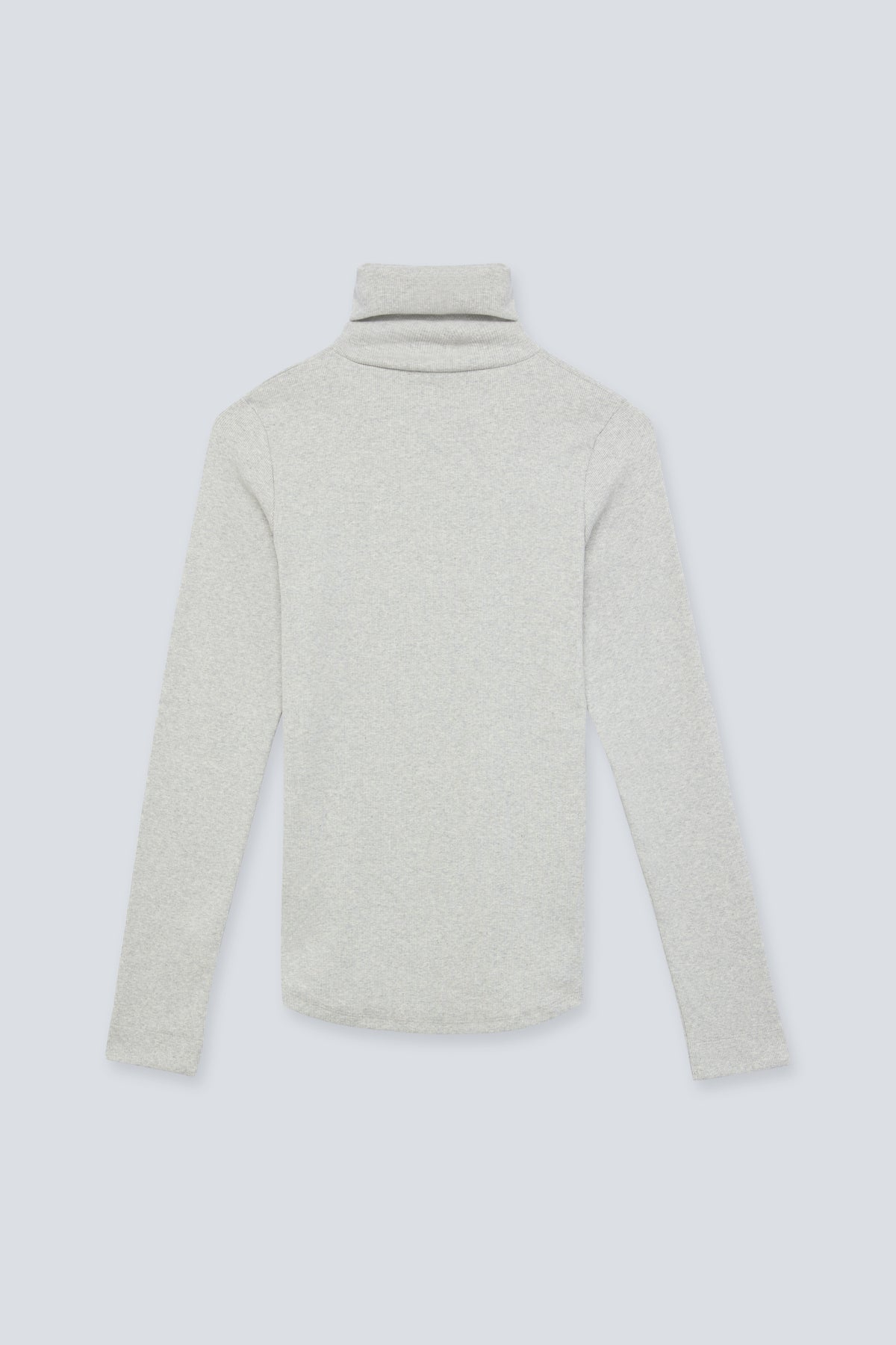 The Theresa in Grey Melange. Ribbed turtleneck. 95% organic cotton with 5% elastane. Back view.