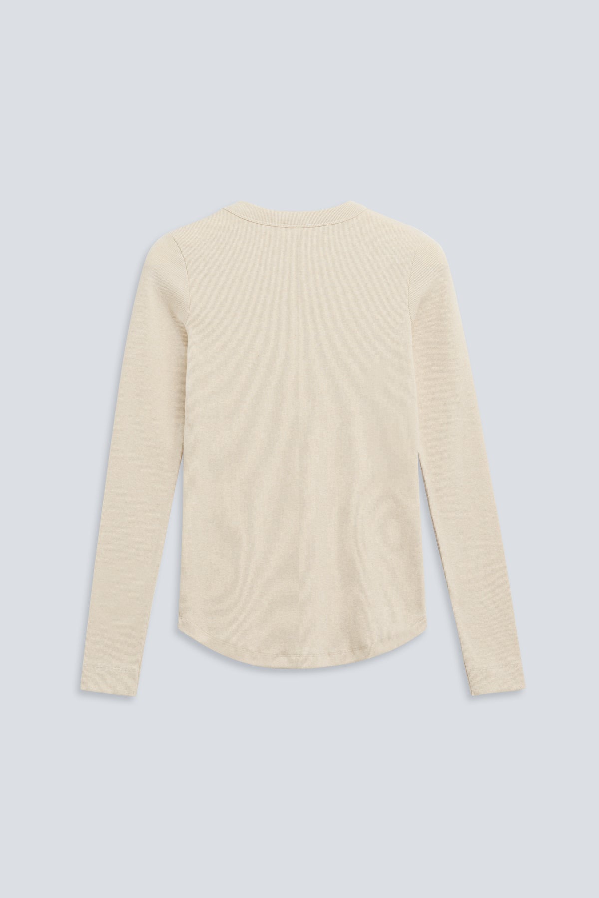 The Ella in Beige Melange. Crew-neck long sleeve. 95% organic cotton with 5% elastane. Back view.