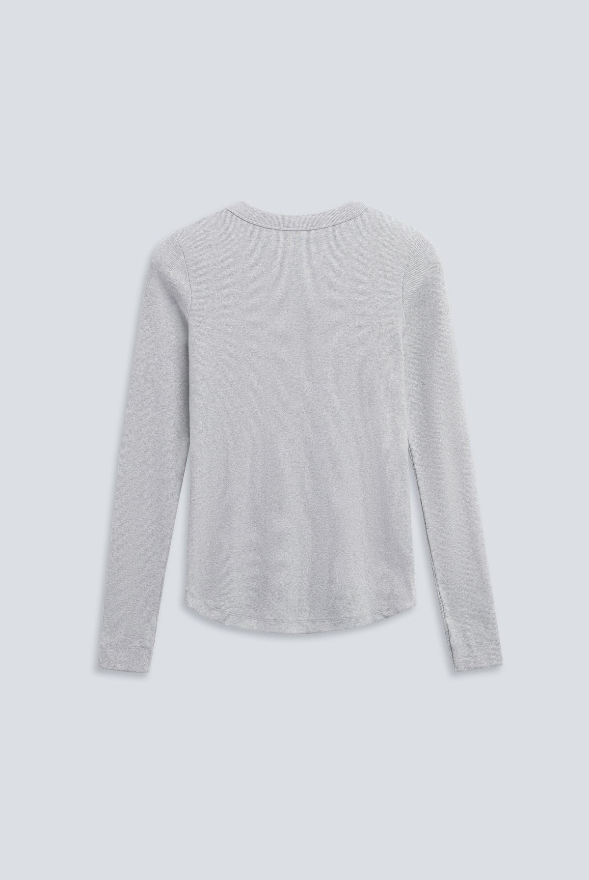 The Ella in Grey Melange. Crew-neck long sleeve. 95% organic cotton with 5% elastane. Back view.