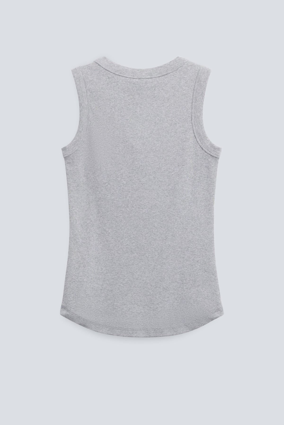 The Rania in Grey Melange. Ribbed tank made from 95% organic cotton with 5% elastane. Back view.