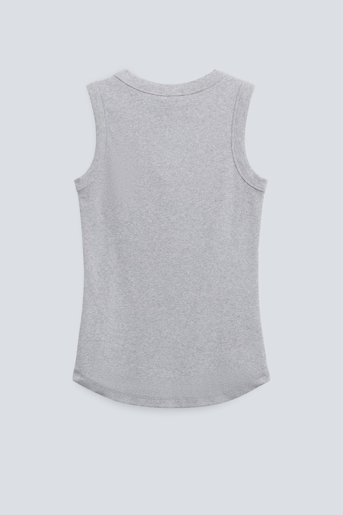 The Rania in Grey Melange. Ribbed tank made from 95% organic cotton with 5% elastane. Back view.