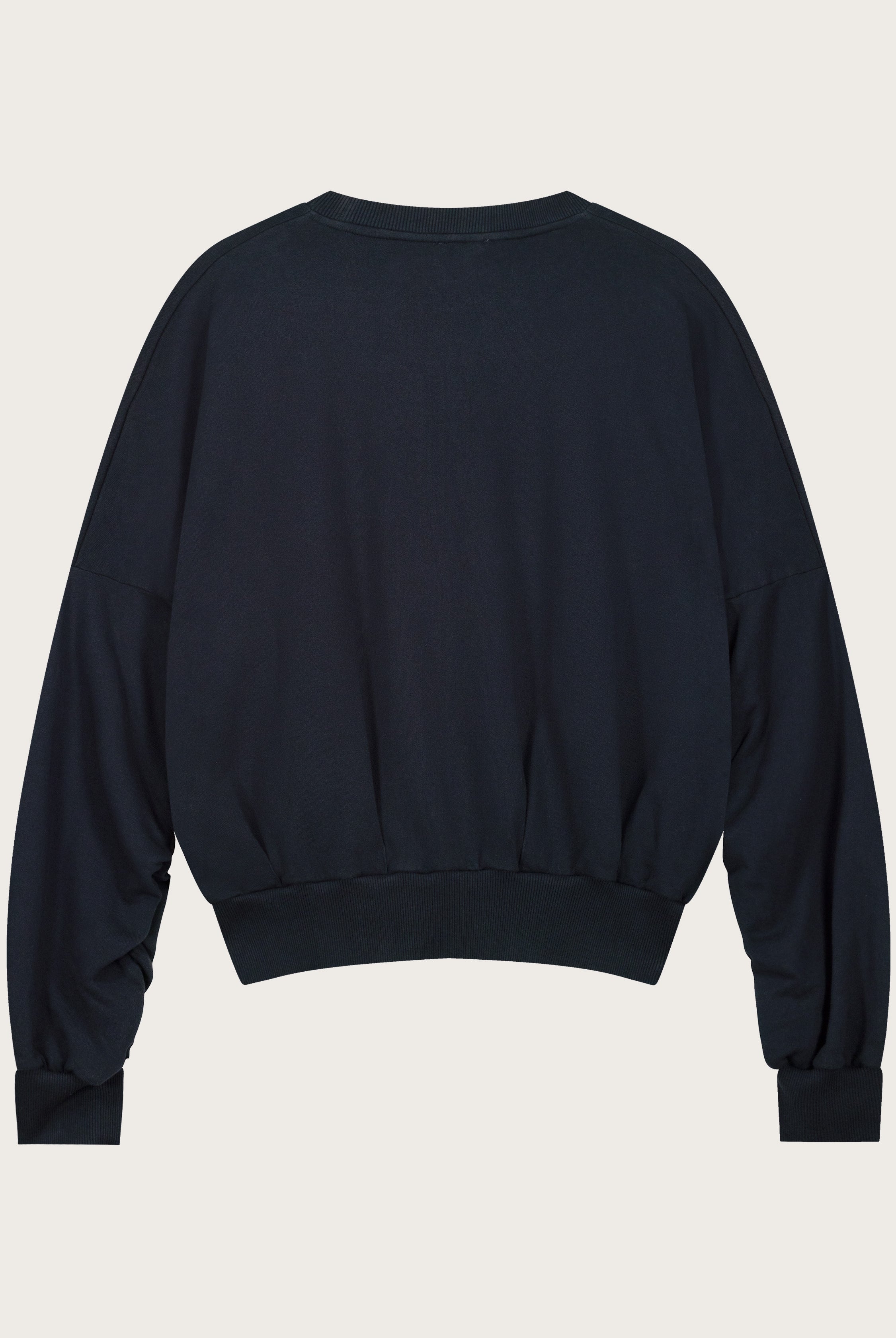 The Blake sweatshirt in navy back view, twisted sleeve detail