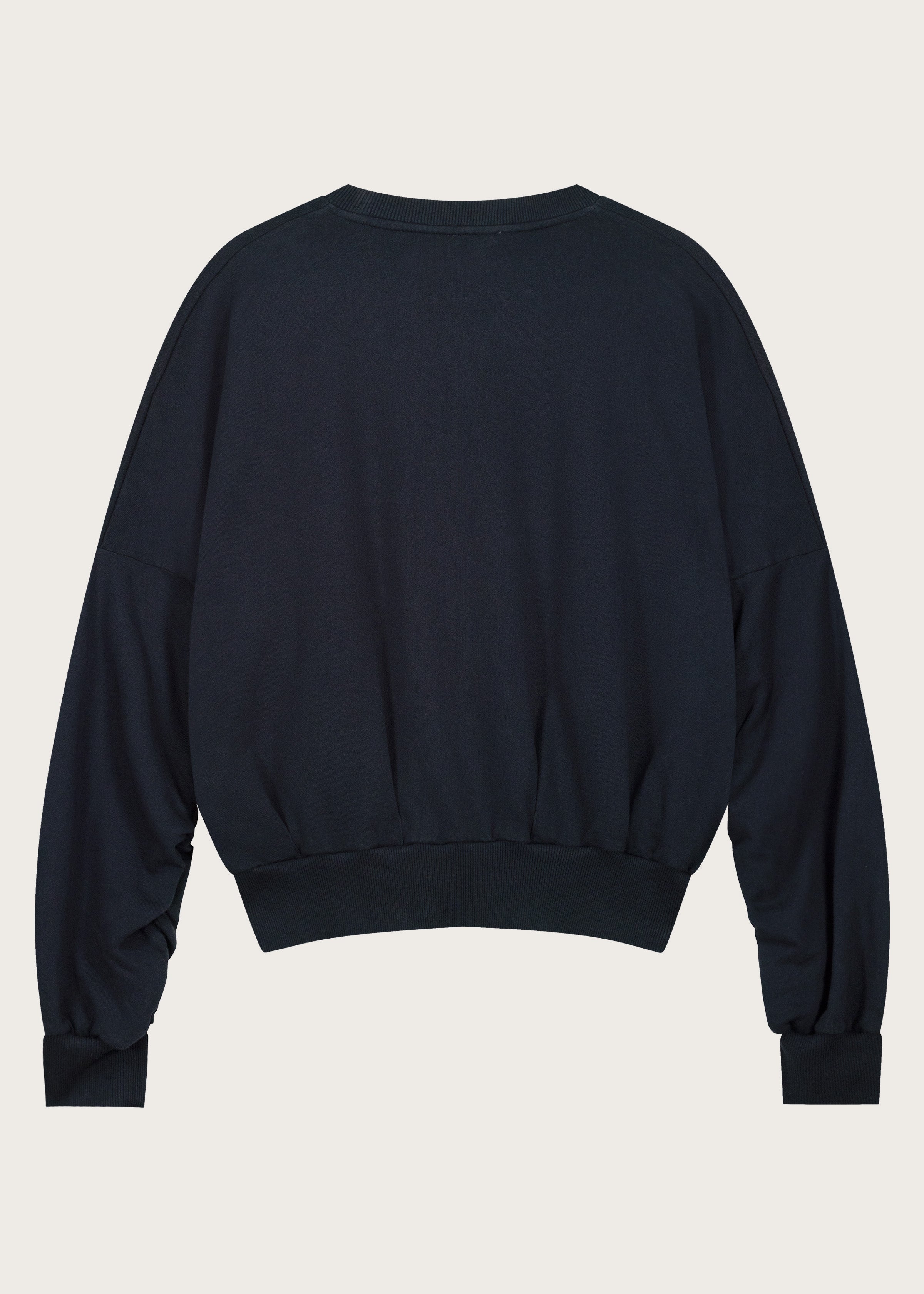 The Blake sweatshirt in navy back view, twisted sleeve detail