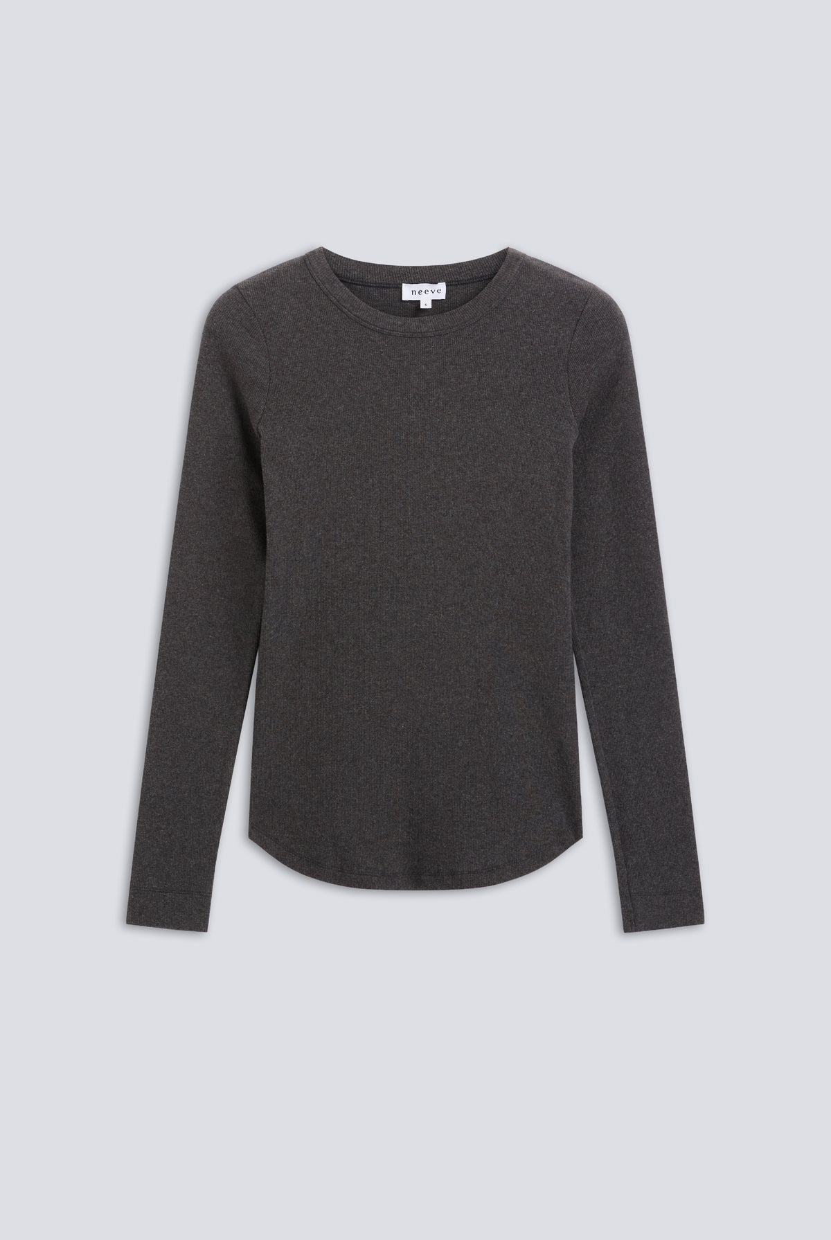 The Ella in Dark Grey Melange. Crew-neck long sleeve. 95% organic cotton with 5% elastane. Front view.