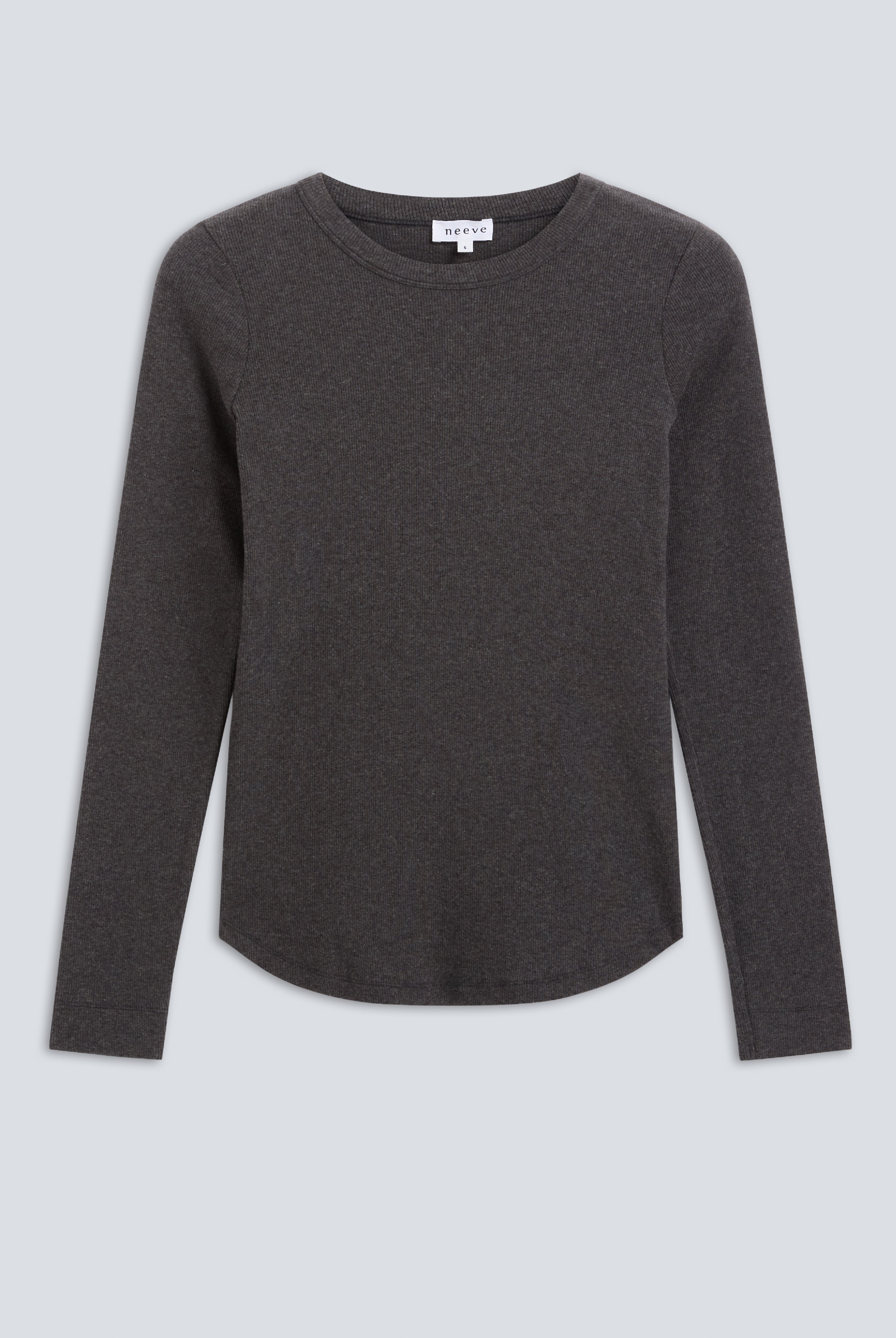 The Ella in Dark Grey Melange Crew-neck long sleeve. 95% organic cotton with 5% elastane. Front view. GOTS