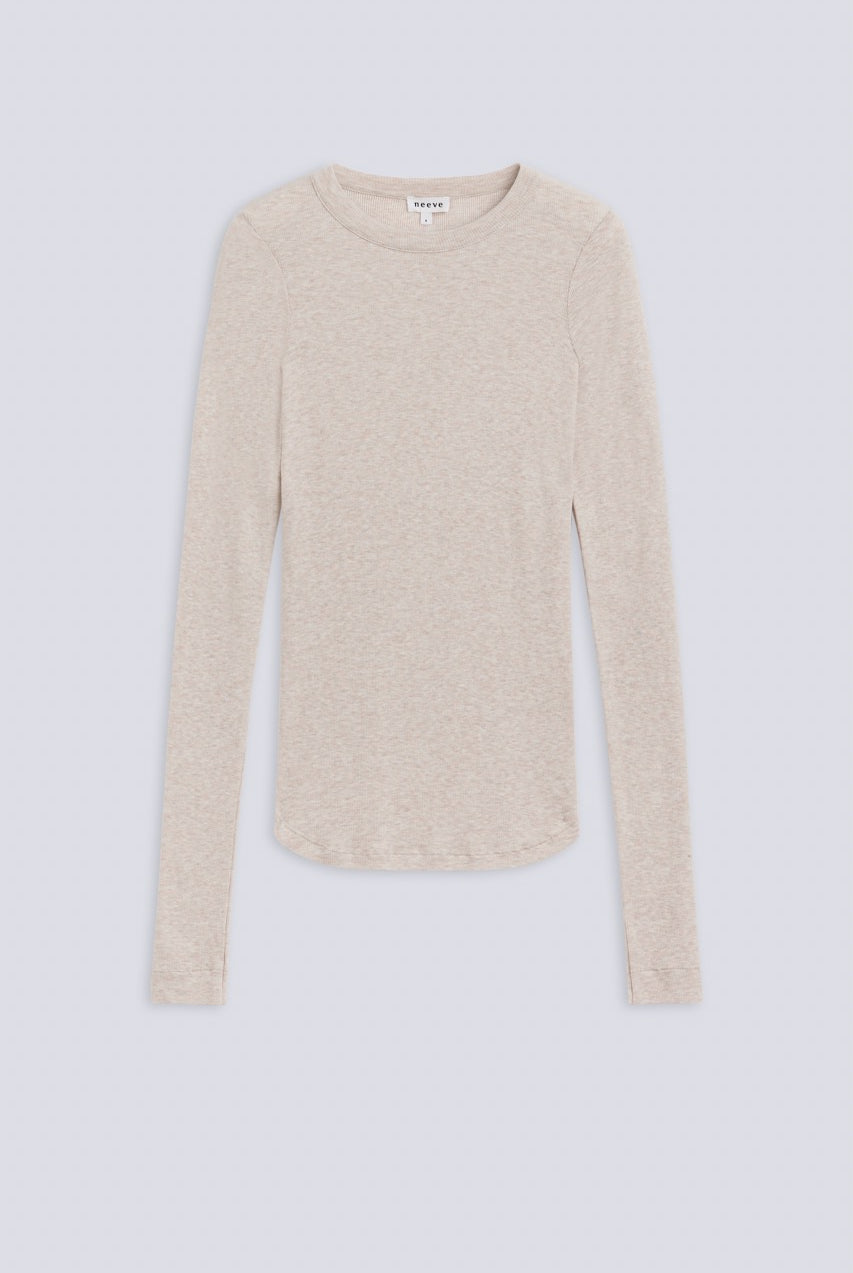 The Georgia Beige Melange. Butter soft long sleeve made from 98% modal and 2% elastane. Front view.