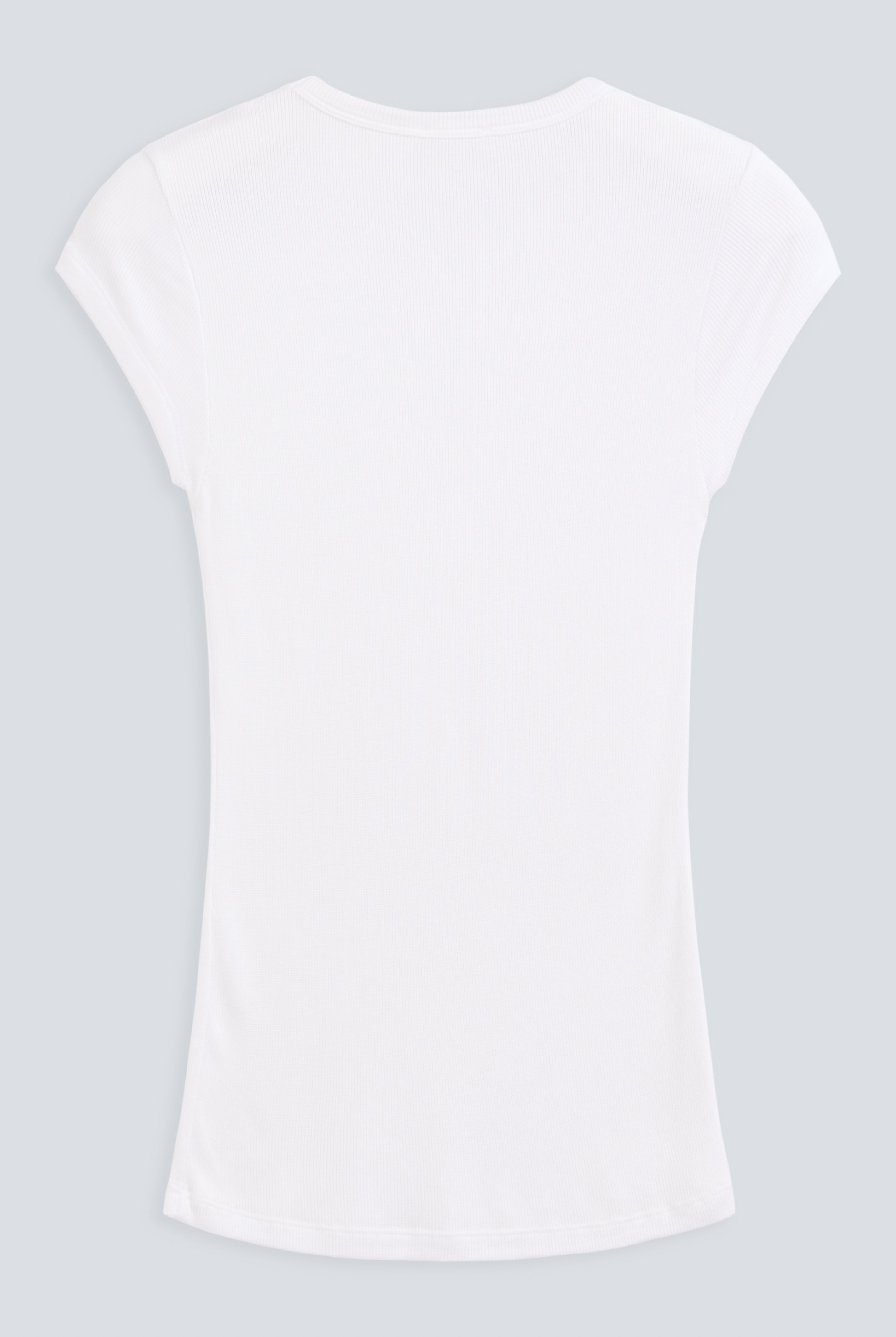 The Mika cap sleeve top in Crispy White. Back view. Ribbed modal fabric
