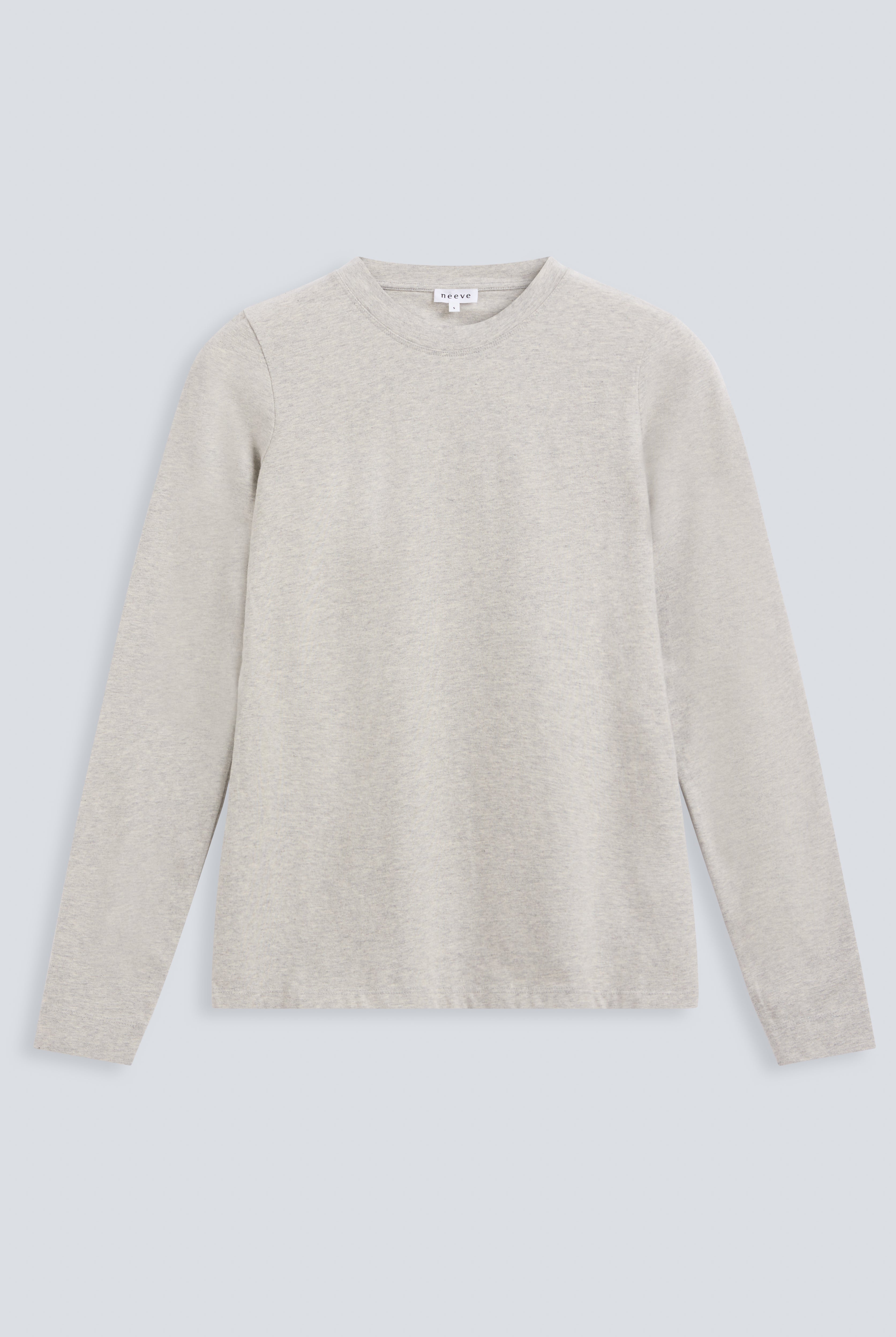 The Nora grey melange long sleeve front view, body-skimming fit, 95% organic cotton 5% elastane made in Portugal