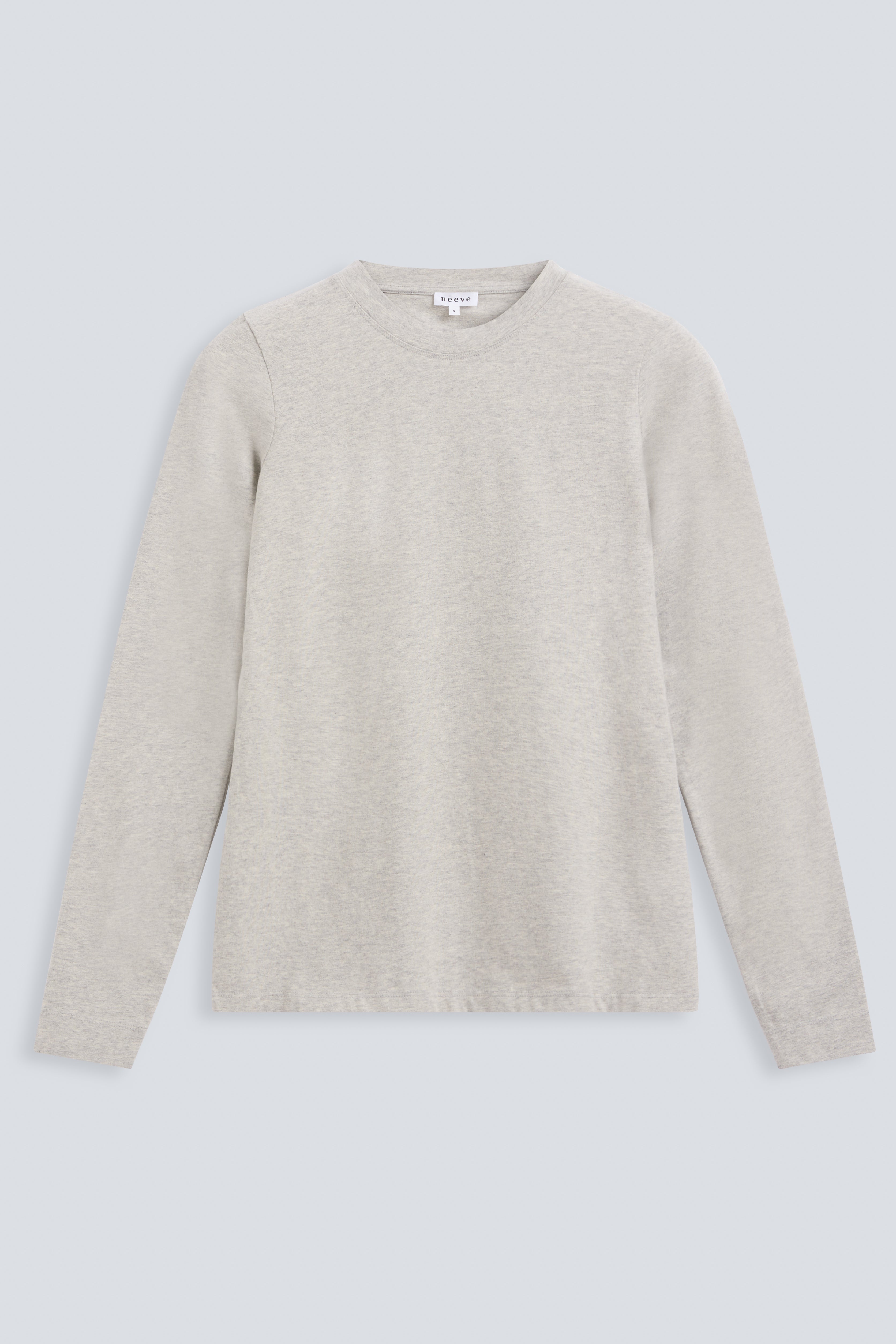 The Nora grey melange long sleeve front view, body-skimming fit, 95% organic cotton 5% elastane made in Portugal