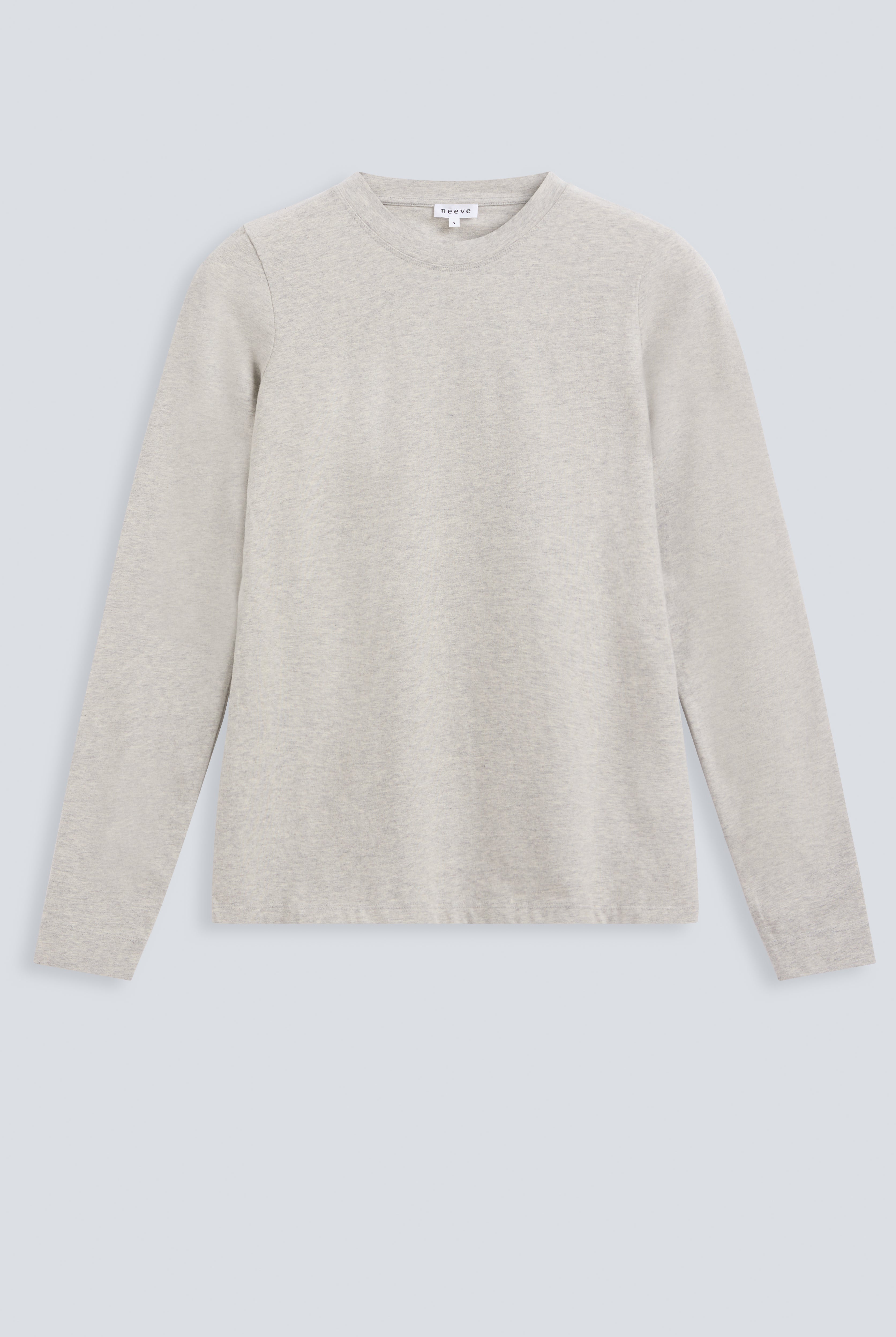 The Nora grey melange long sleeve front view, body-skimming fit, 95% organic cotton 5% elastane made in Portugal