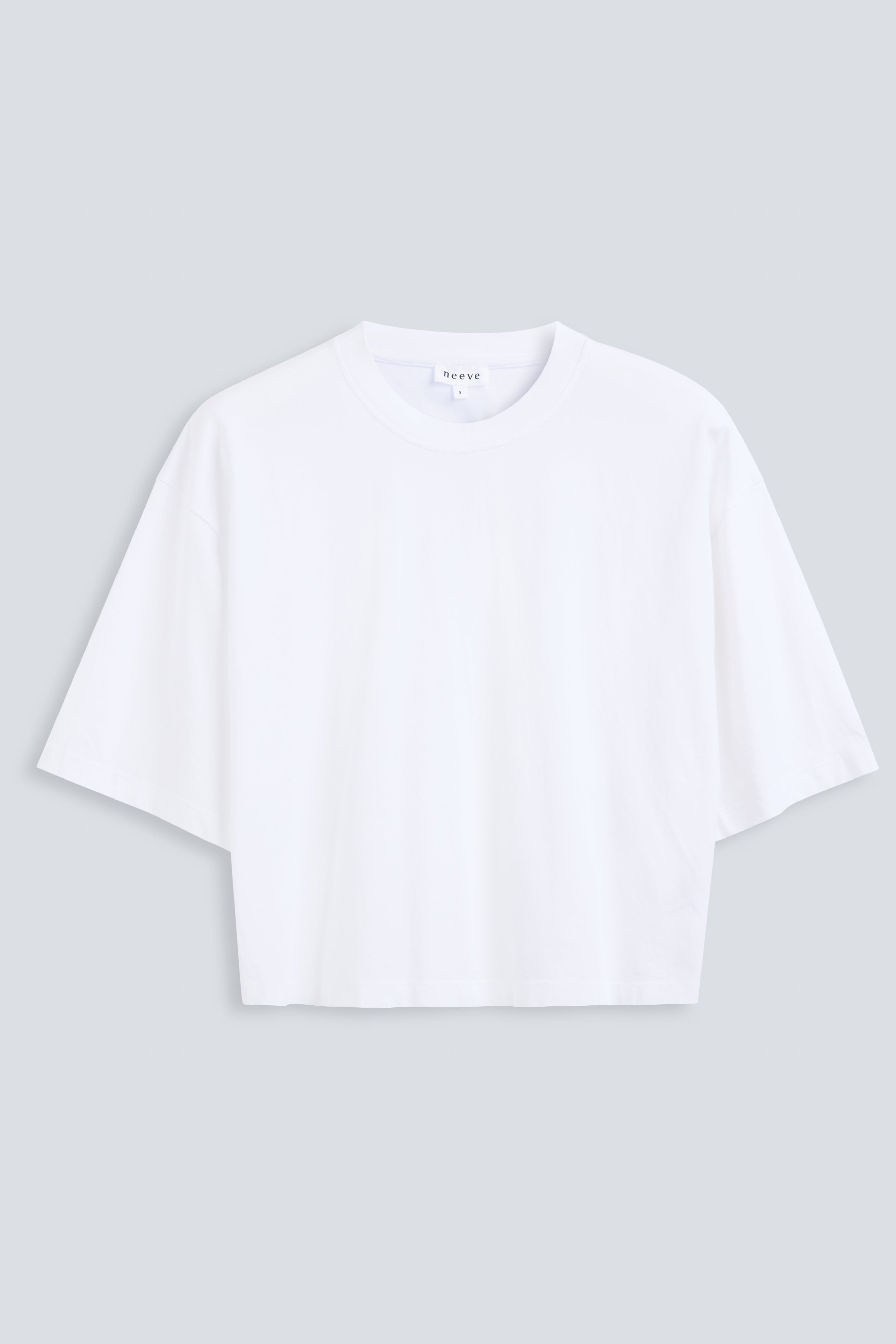 The Talia crispy white tee front view, dropped shoulders and mid-length sleeves, 180g organic cotton made in Portugal