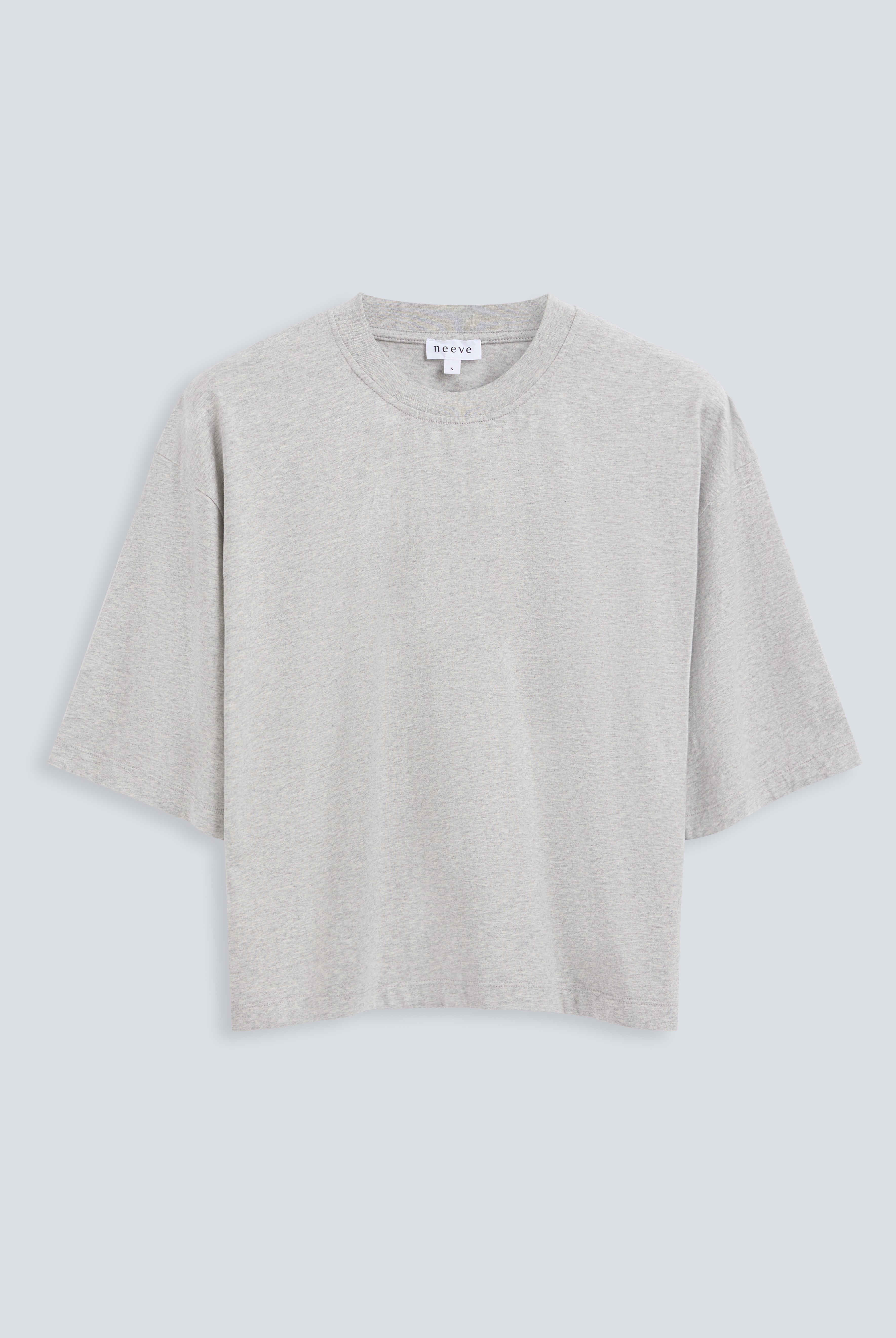 The Talia grey melange tee front view, dropped shoulders and mid-length sleeves, 180g organic cotton