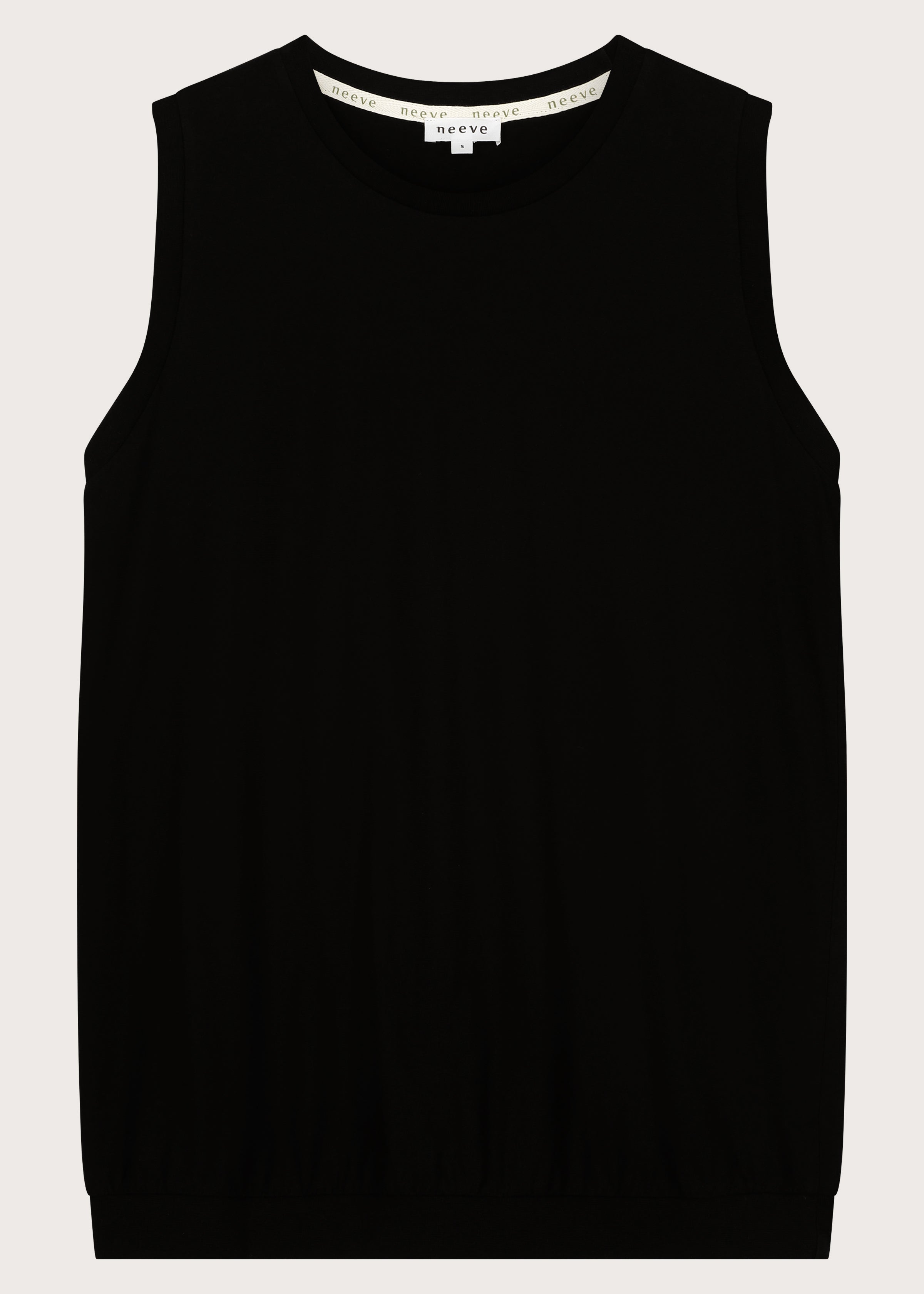 The Neva tank top in essential black - front view, sustainable wardrobe essential