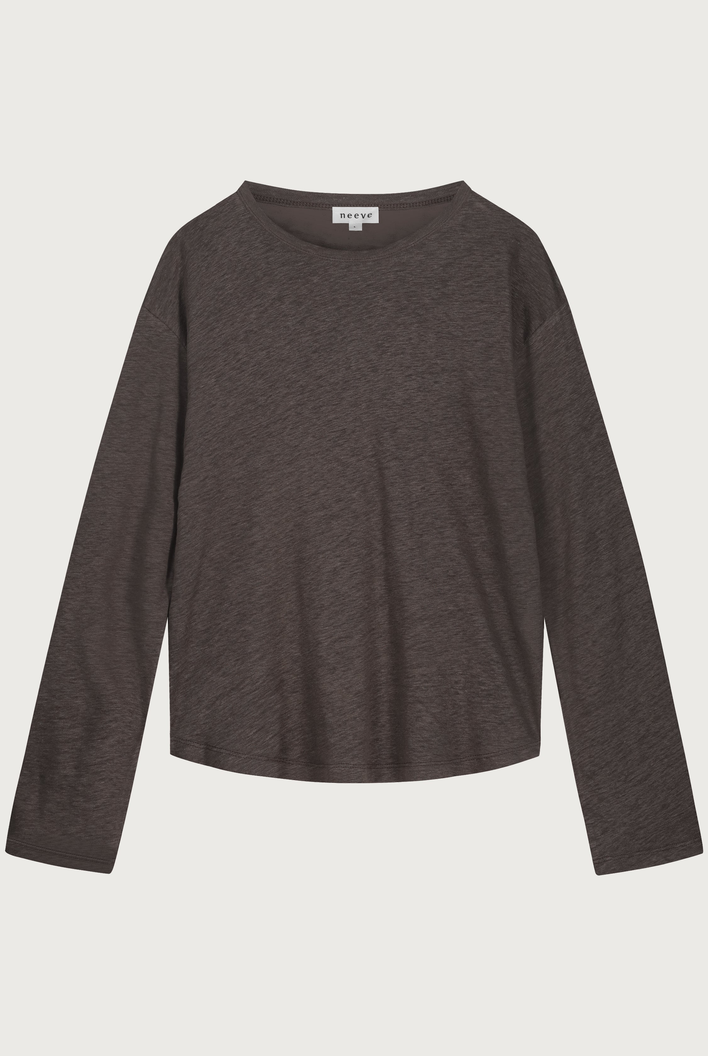 The Reese linen top in intense brown - front view, breathable natural fabric