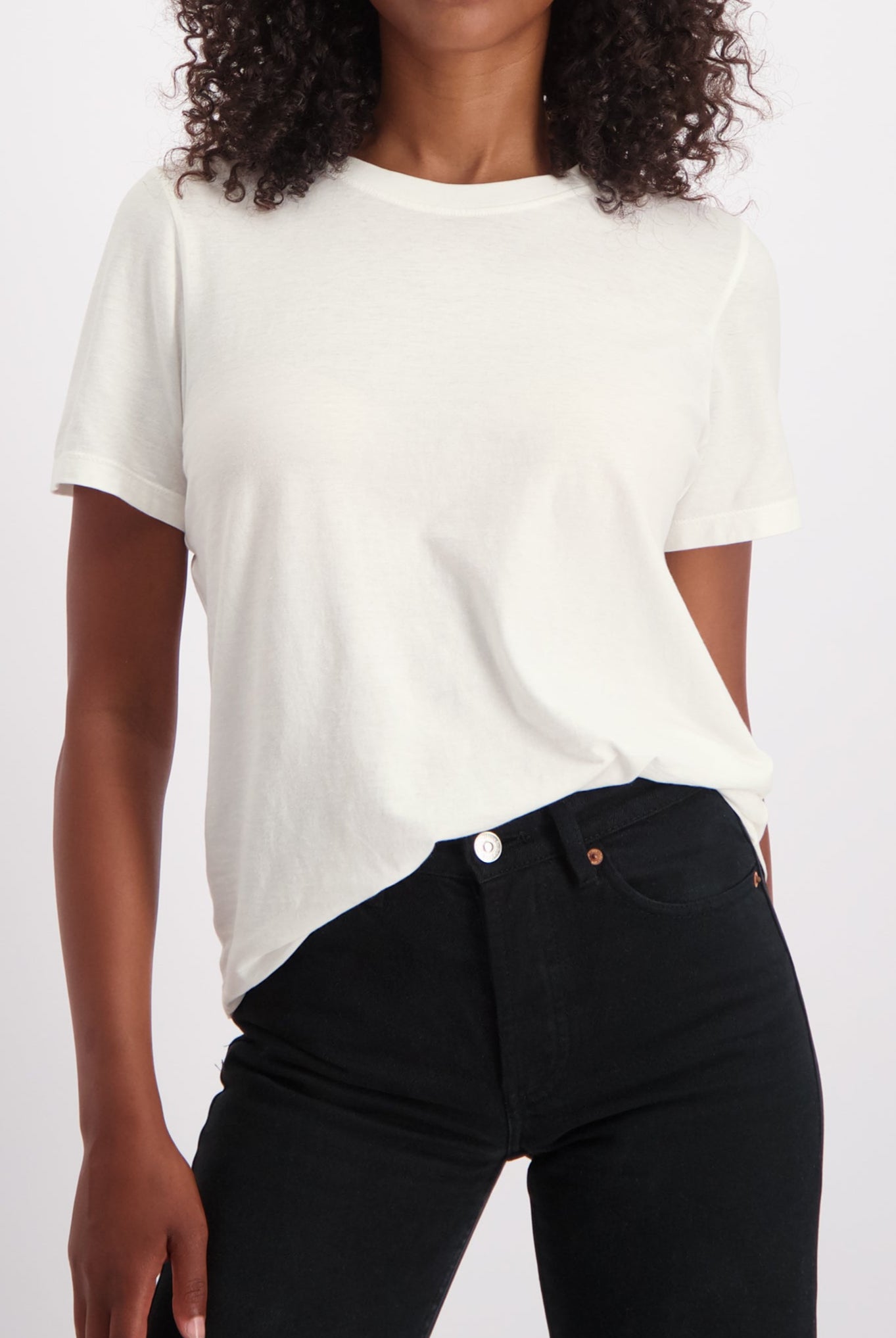 The Michelle crew-neck t-shirt in off-white shown on model, GOTS certified organic cotton