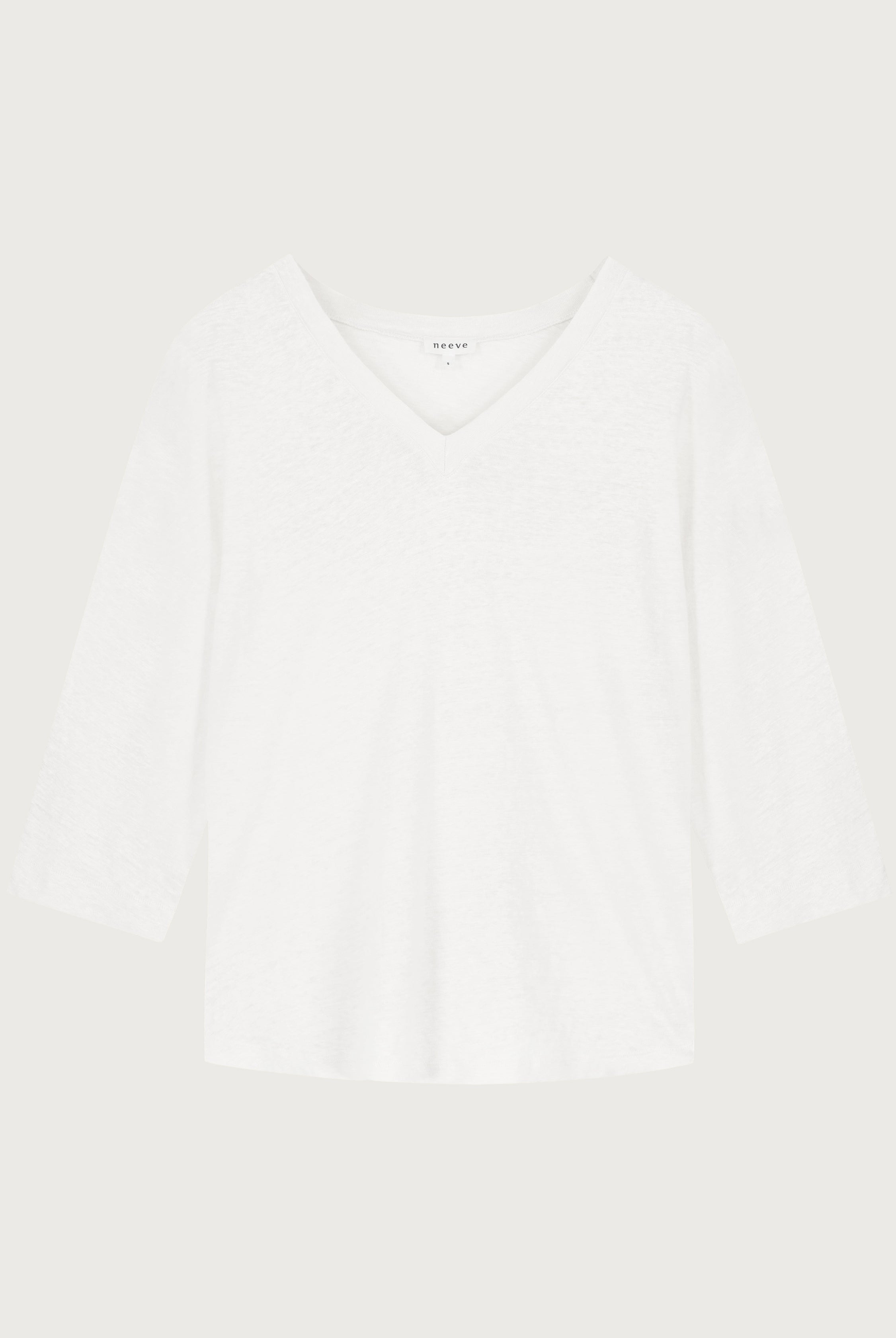The Iris linen v-neck shirt in crispy white front, 3/4 sleeve sustainable top