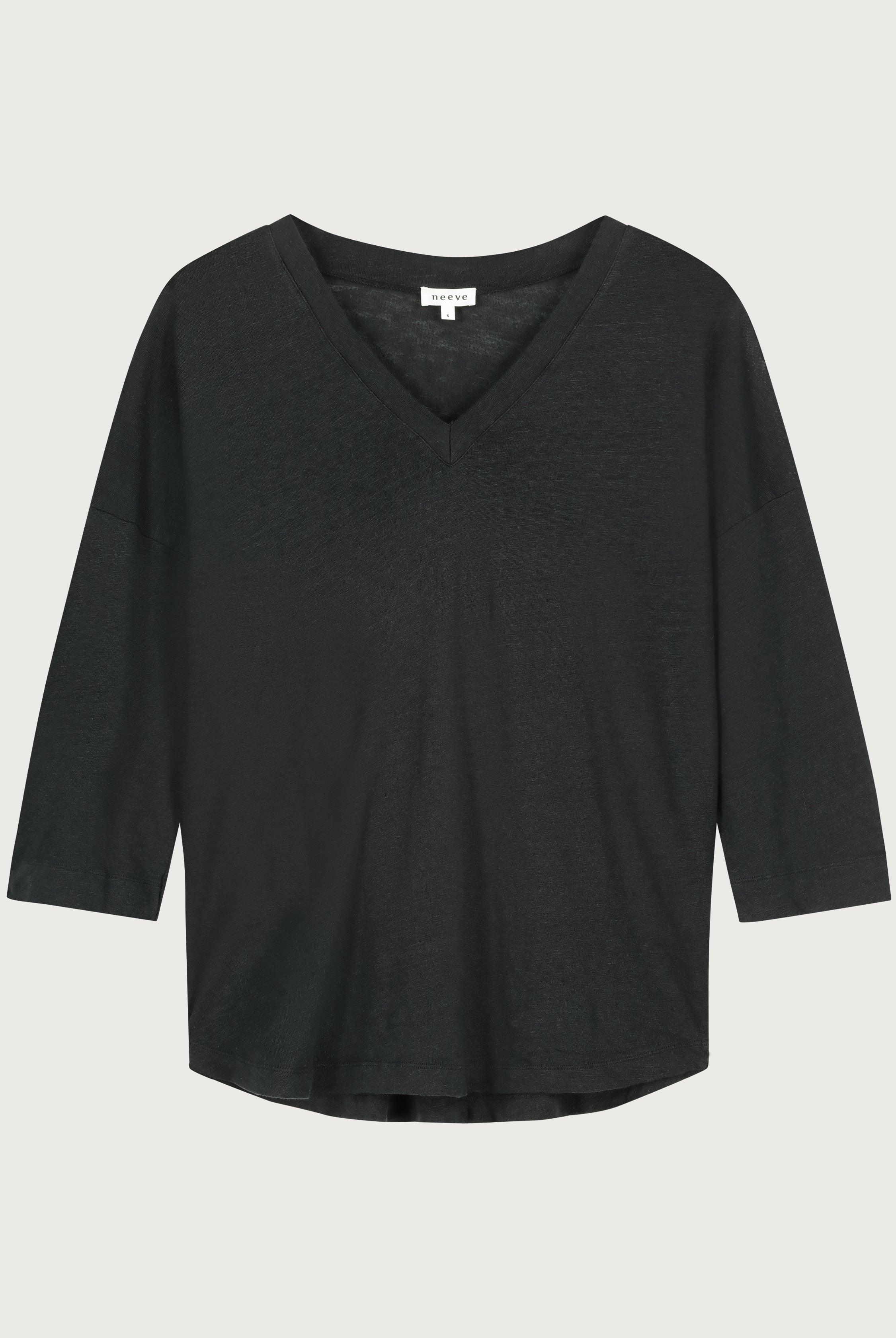 The Iris linen v-neck shirt in essential black front, 3/4 sleeve sustainable top