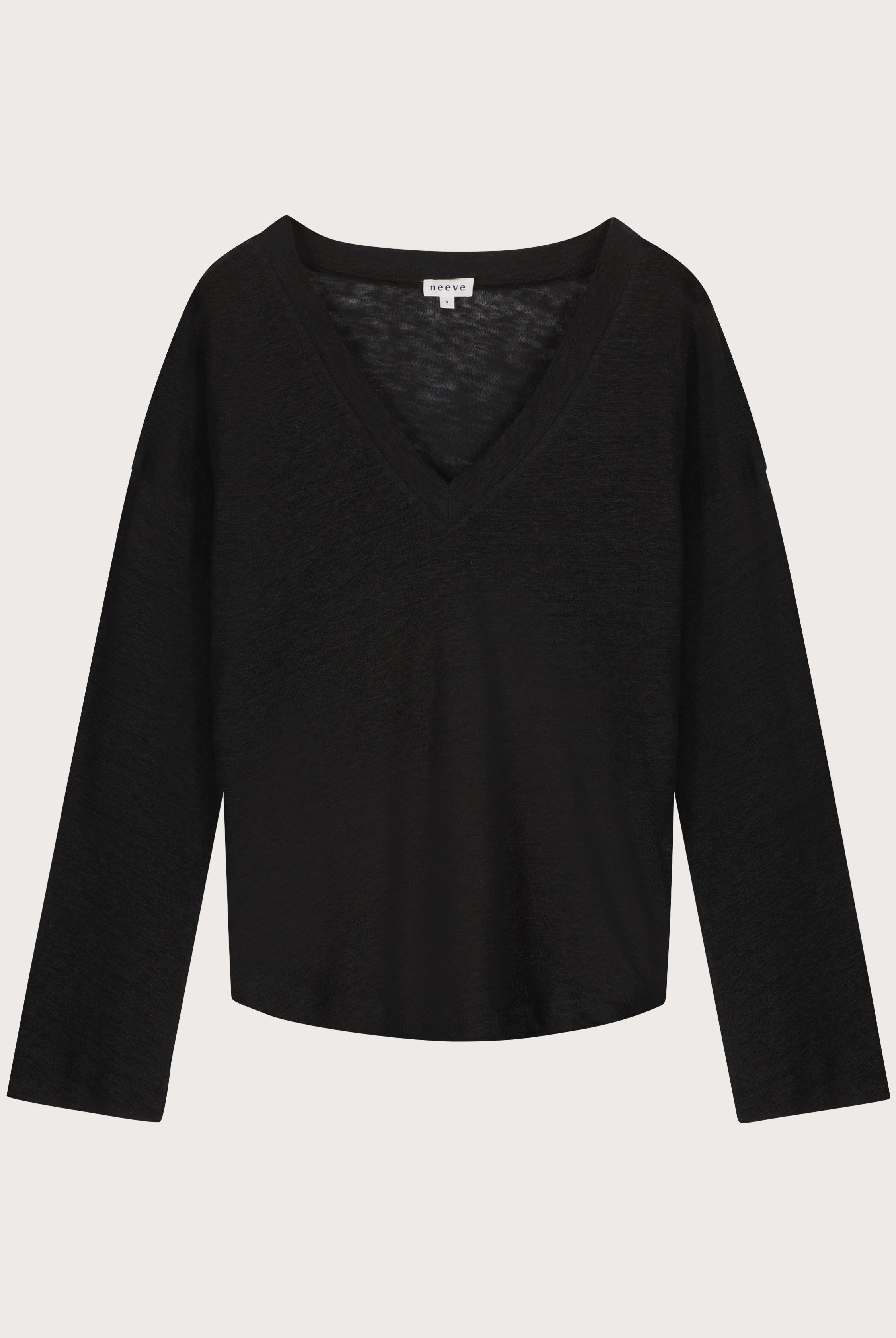 The Rosemarie linen v-neck in essential black front, sustainable long sleeve top