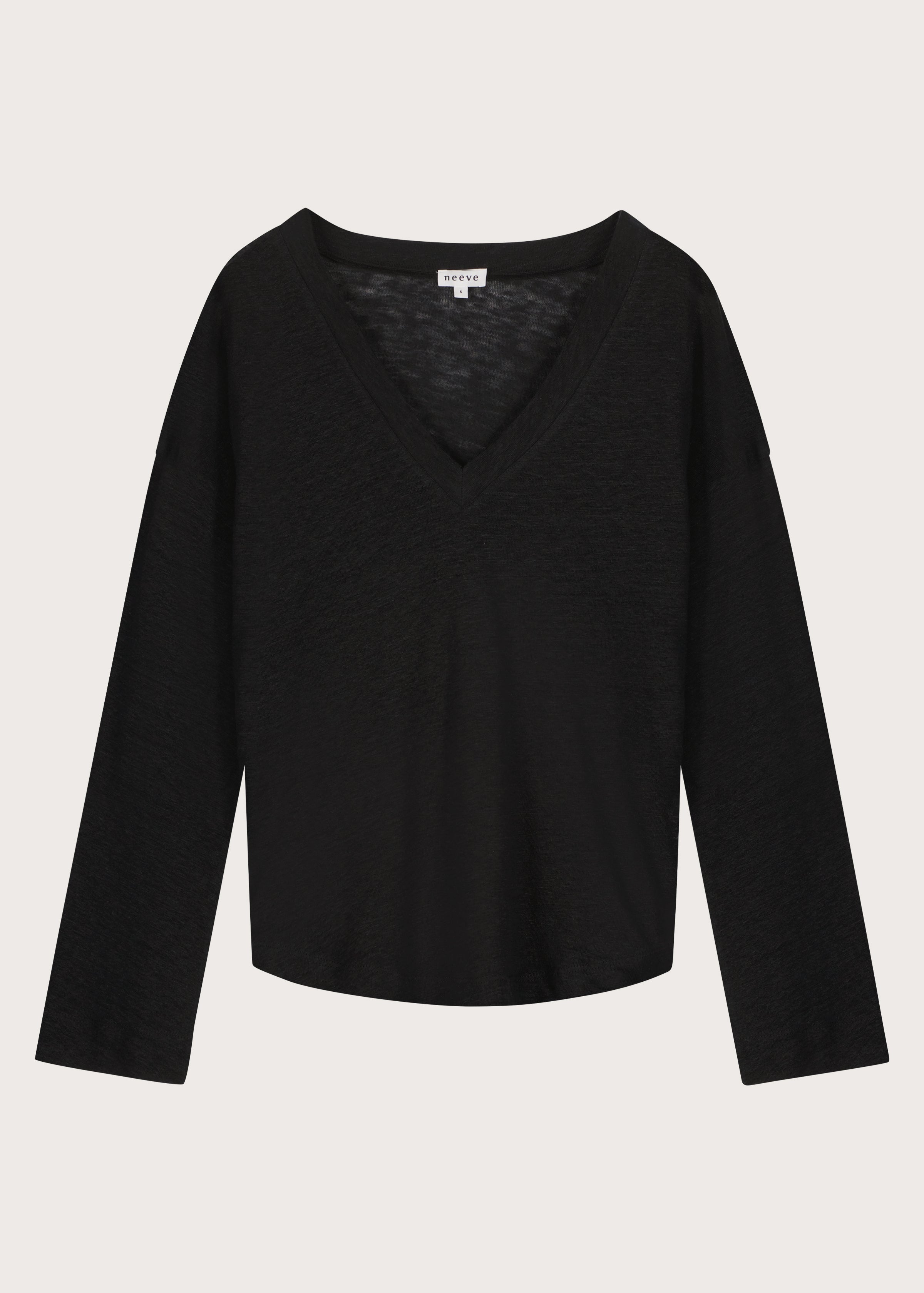 The Rosemarie linen v-neck in essential black front, sustainable long sleeve top