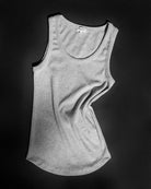 The Josie organic cotton tank top in grey melange, flat lay. GOTS-certified