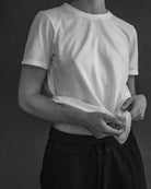 The Michelle crew-neck t-shirt in crispy white shown on model, GOTS certified organic cotton