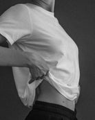 The Michelle crew-neck t-shirt in crispy white shown on model, GOTS certified organic cotton