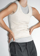 The Josie organic cotton tank top in beige melange, shown on model. GOTS-certified