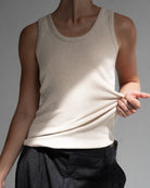 The Josie organic cotton tank top in beige melange, shown on model. Skimming fit & GOTS-certified