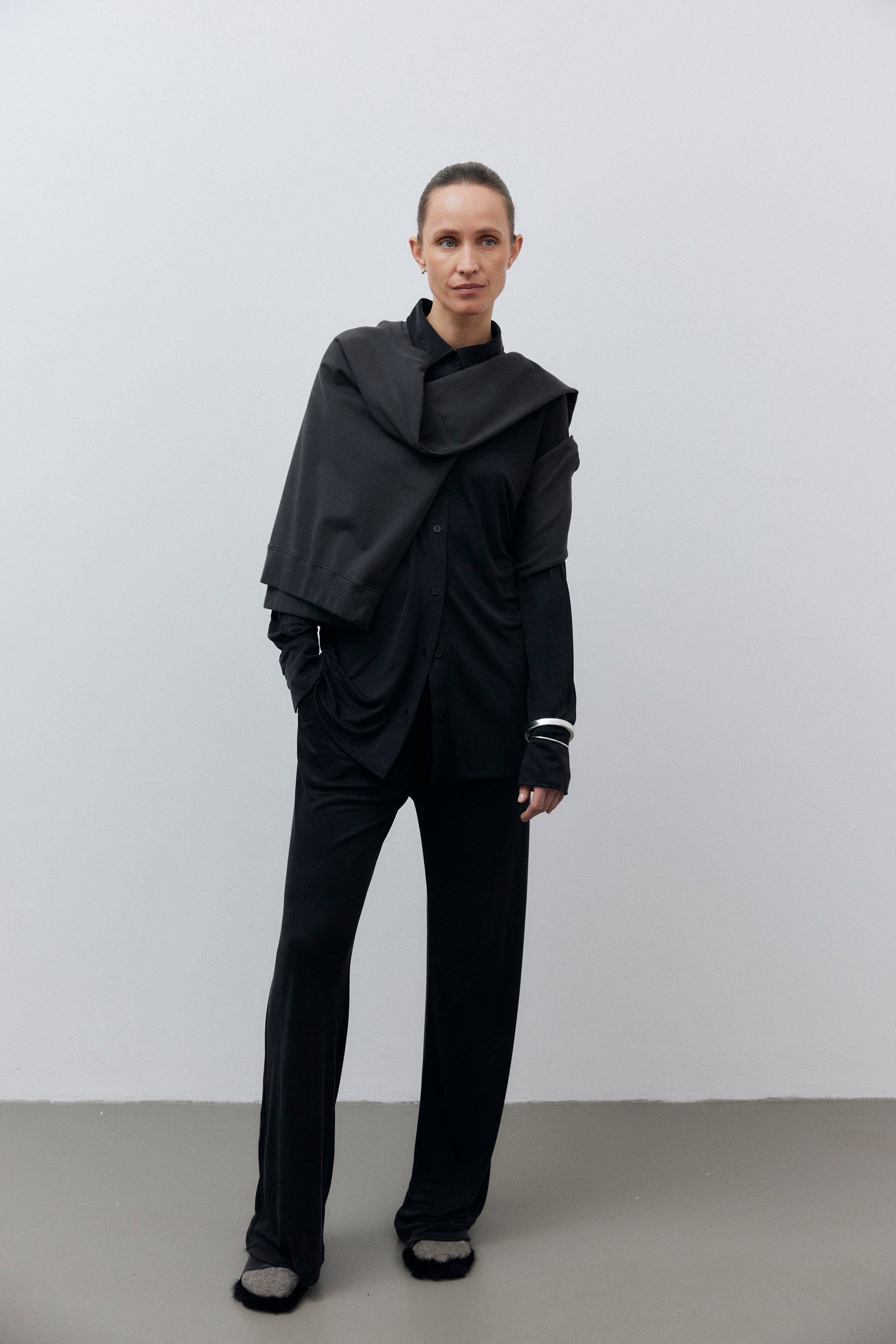 The Sam in Essential Black. 100% Lyocell.  Shown on model with The May in Pitch Black. 