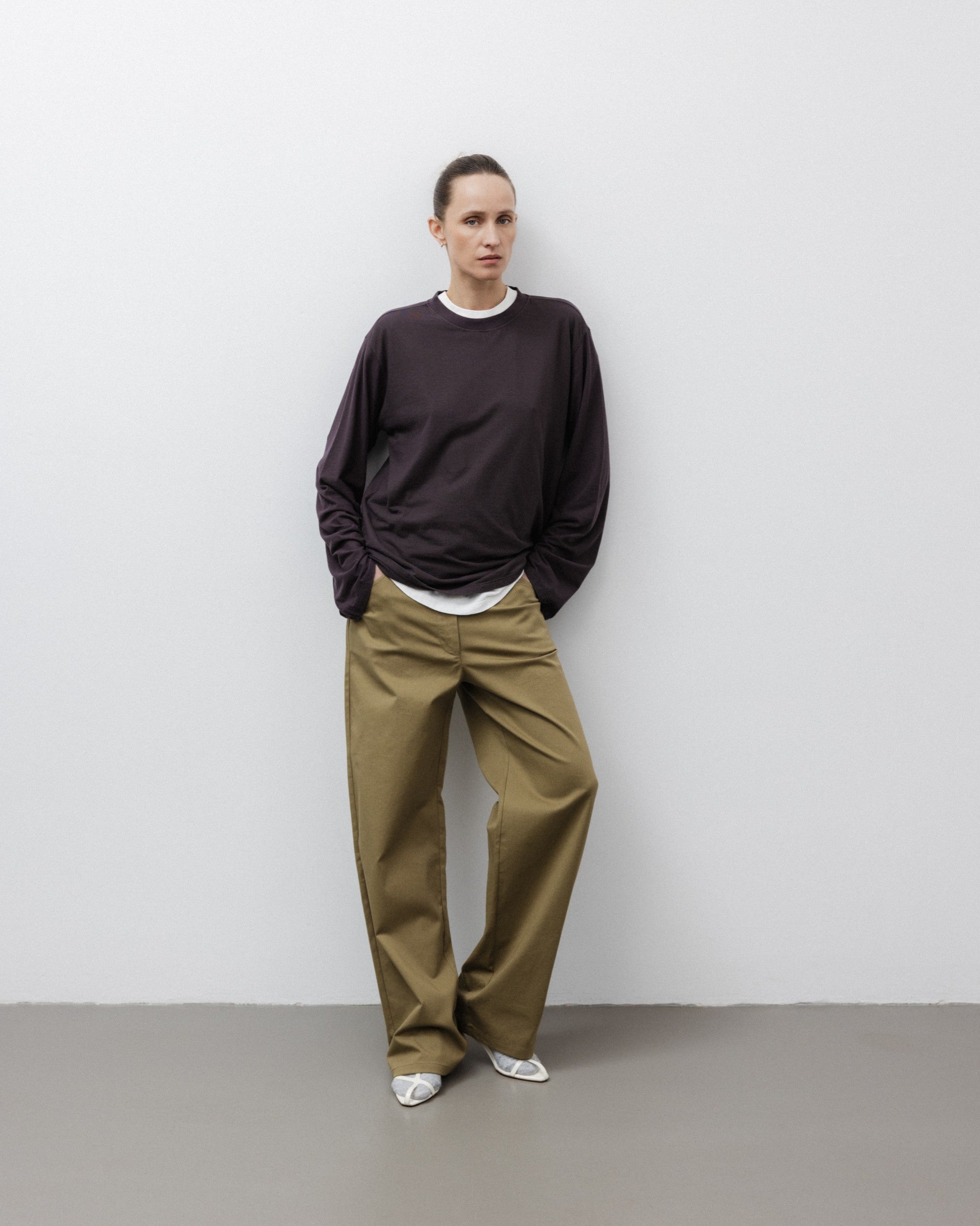 The Emily in Plum. Organic cotton long sleeve, 140 grams. GOTS. Shown on model with The Michelle in Crispy White. 