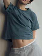The Jill cropped crew neck in stone on model, GOTS certified organic cotton