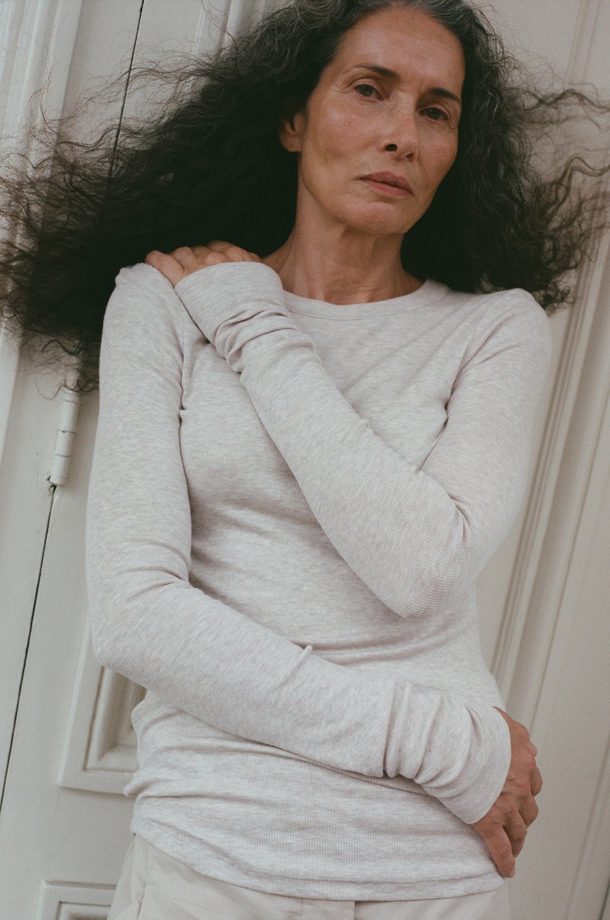 The Georgia in Beige Melange shown on model. Buttery soft fabric made from 98% modal with 2% elastane. 