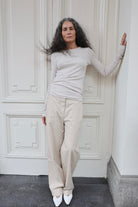  The Georgia in Beige Melange & The Alex in Beige  shown on model. Buttery soft fabric made from 98% modal with 2% elastane. 