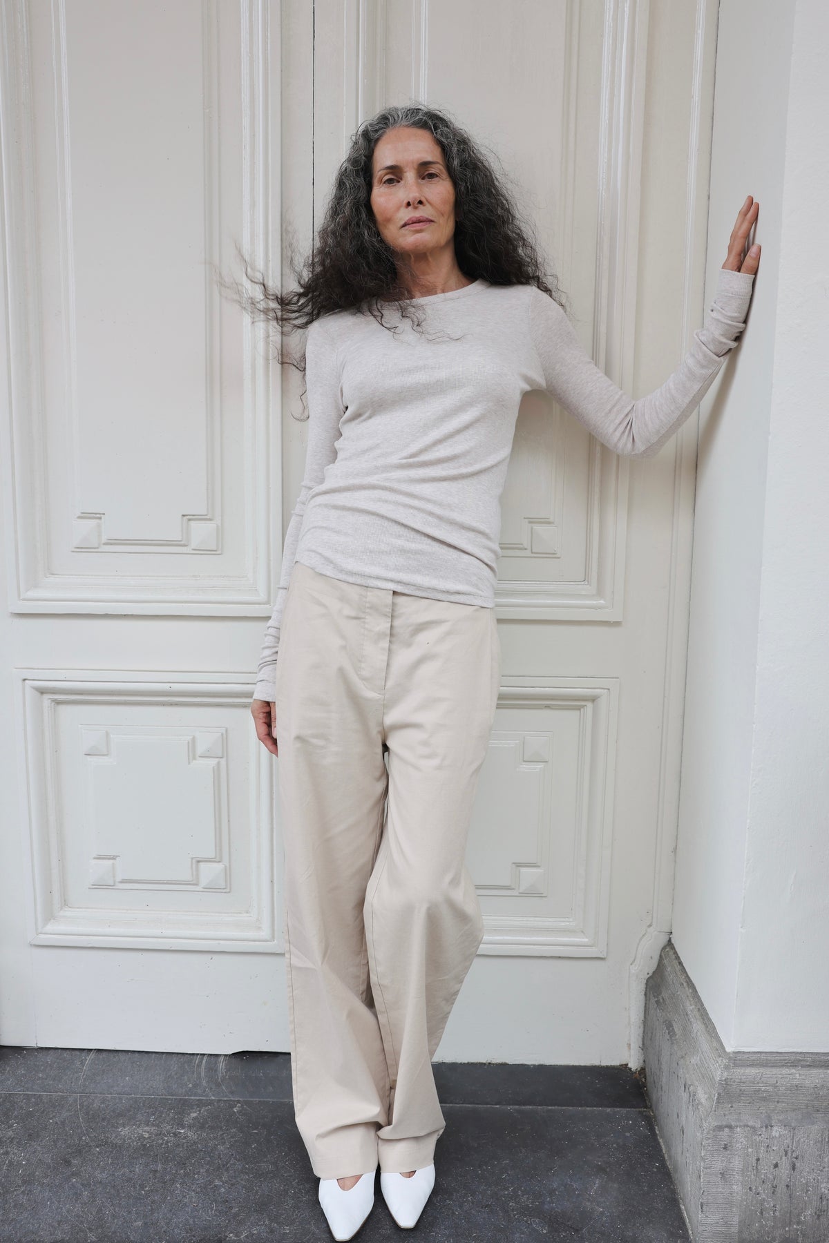  The Georgia in Beige Melange & The Alex in Beige  shown on model. Buttery soft fabric made from 98% modal with 2% elastane. 