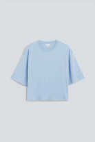 The Talia cropped boxy tee in blue fog front view, GOTS certified organic cotton