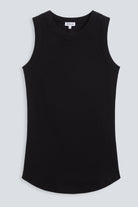 The Rania essential black, ribbed tank, organic cotton, shown on model 