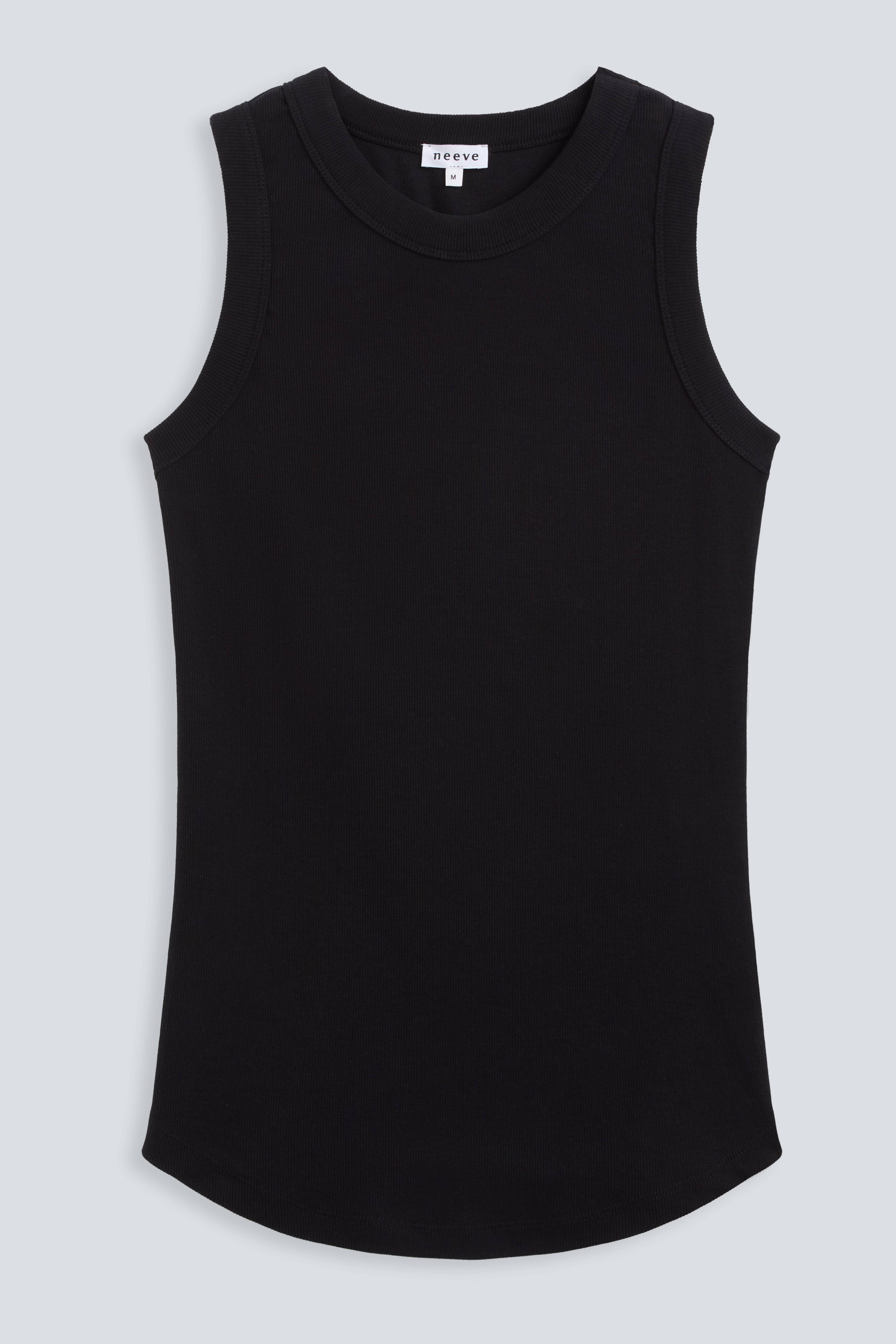 The Rania essential black, ribbed tank, organic cotton, shown on model 