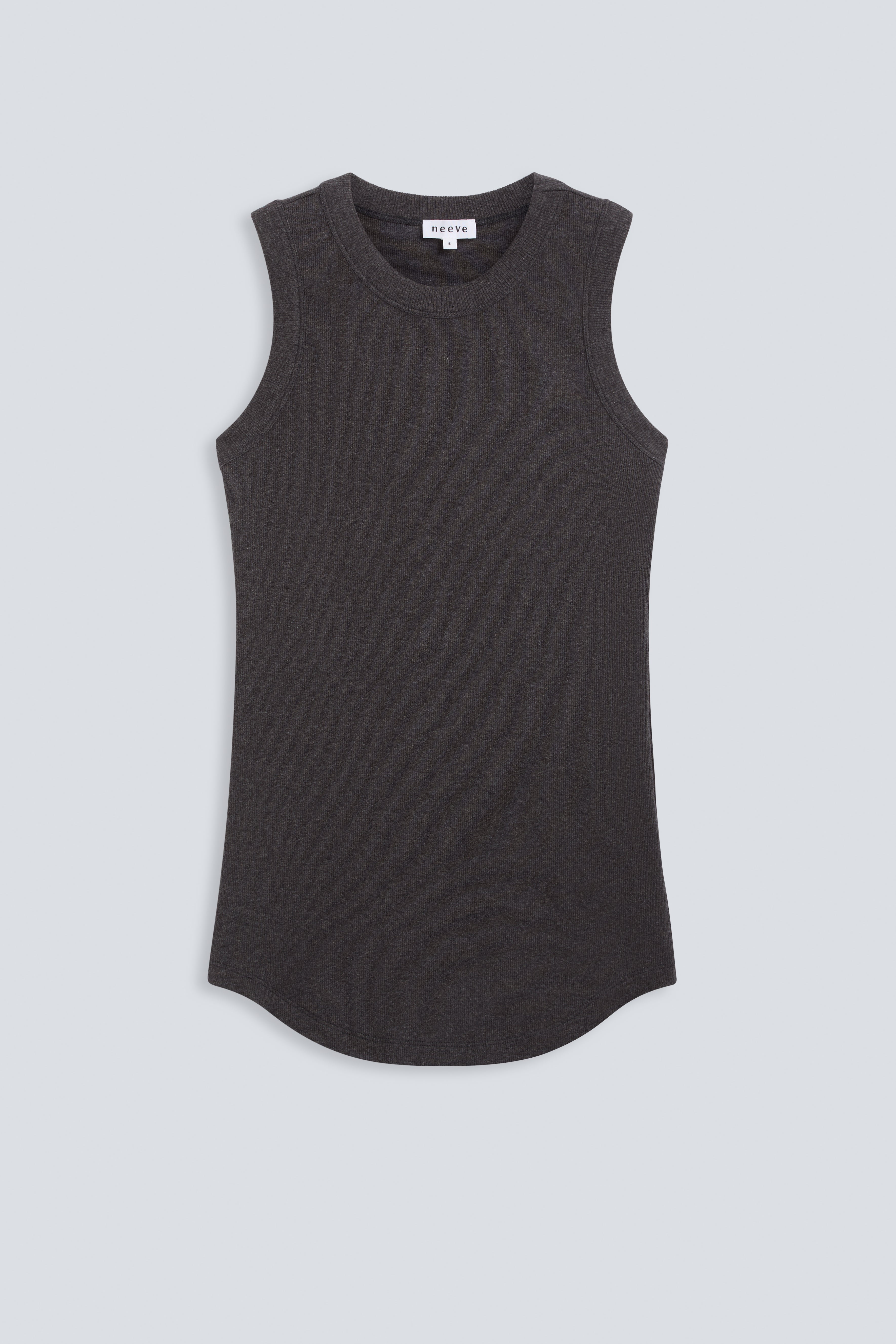 The Rania in Dark Grey Melange. Front view. Ribbed tank made from 95% organic cotton with 5% elastane. GOTS, made in Portugal.  