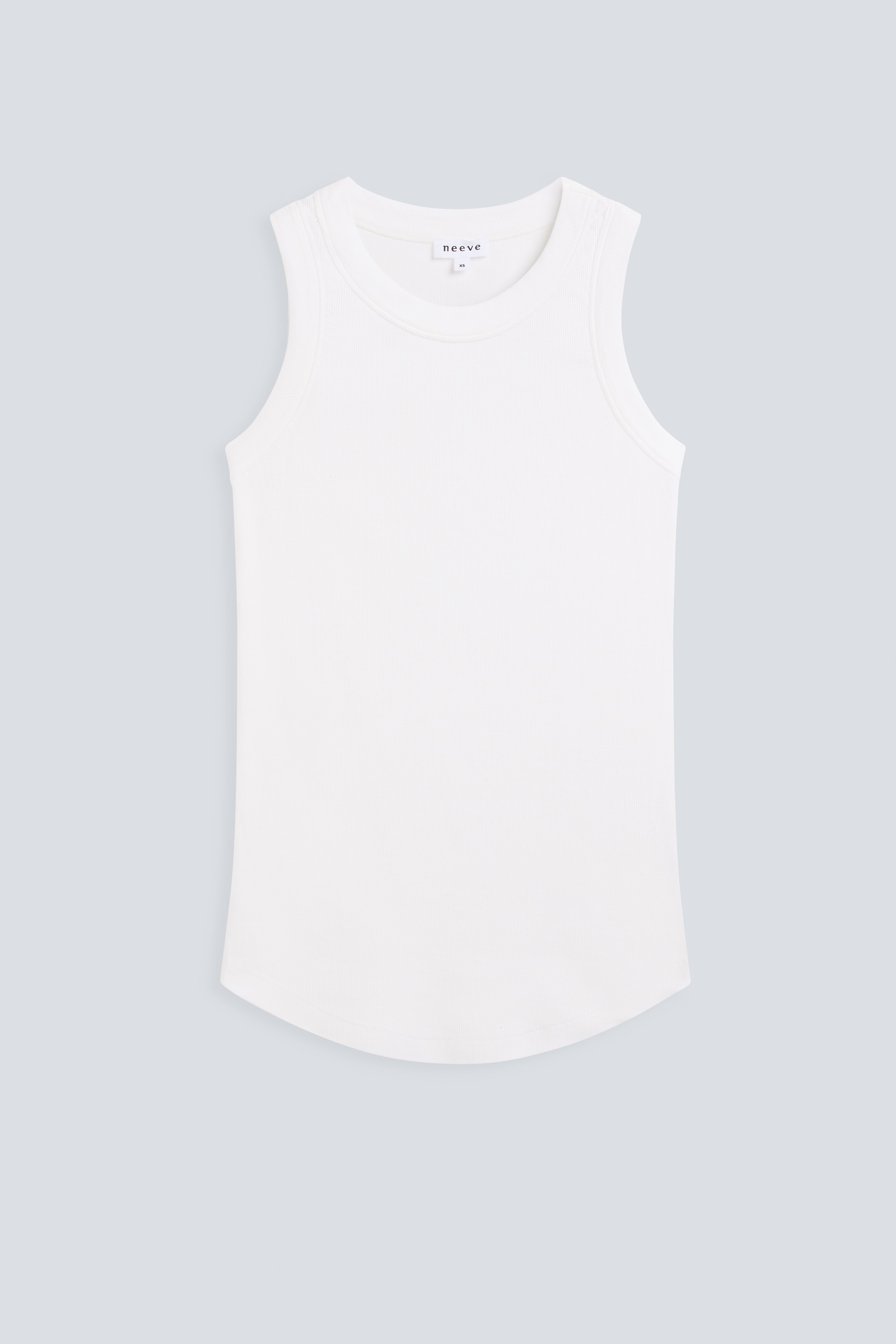 The Rania in Off-White. Front view. Ribbed tank made from 95% organic cotton with 5% elastane. GOTS, made in Portugal.  