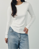 The Ella long sleeve top in off-white on model, GOTS certified organic cotton