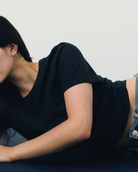 The Michelle crew-neck t-shirt in navy shown on model, GOTS certified organic cotton