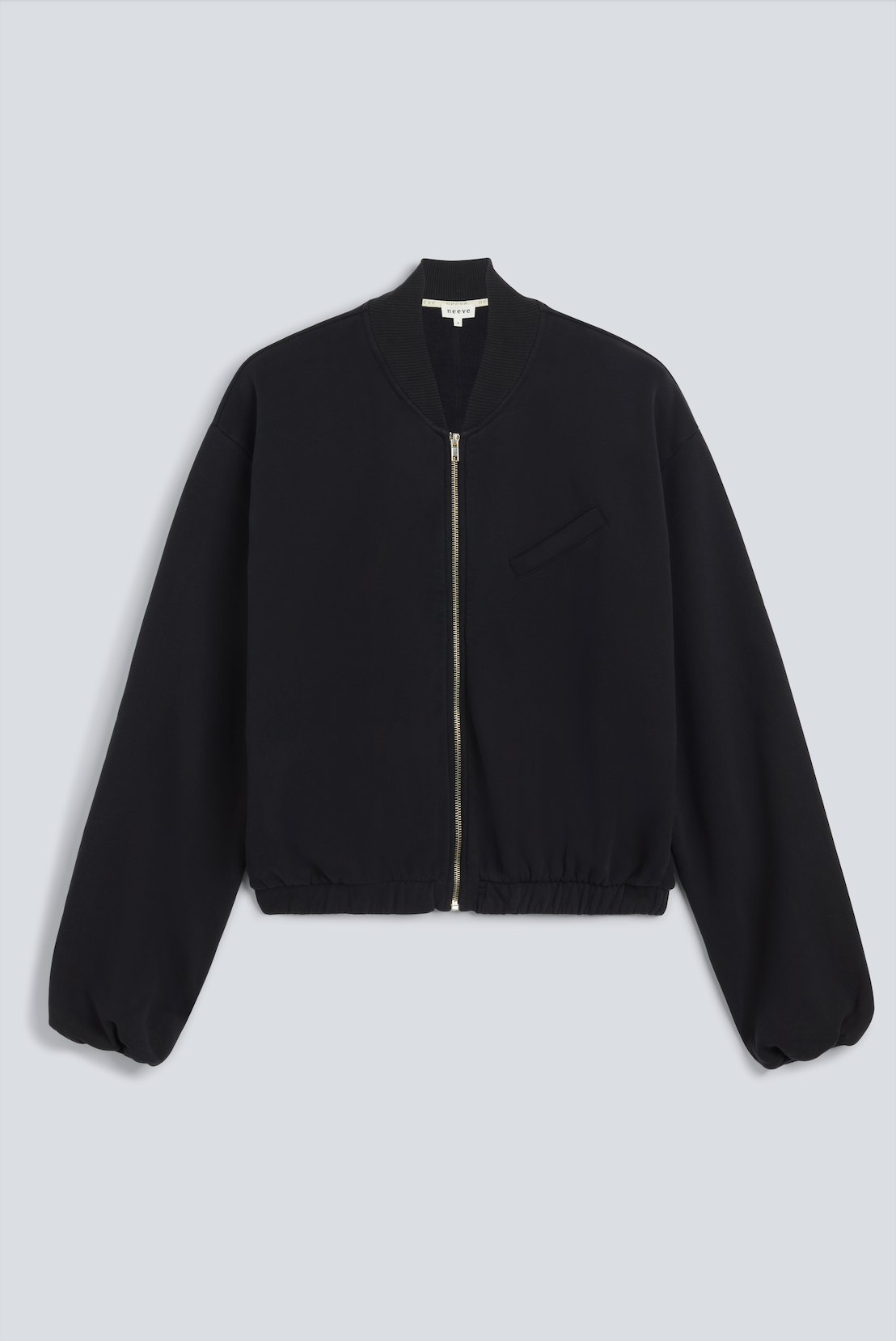 The Pippa bomber jacket essential black, front view, sustainable loungewear